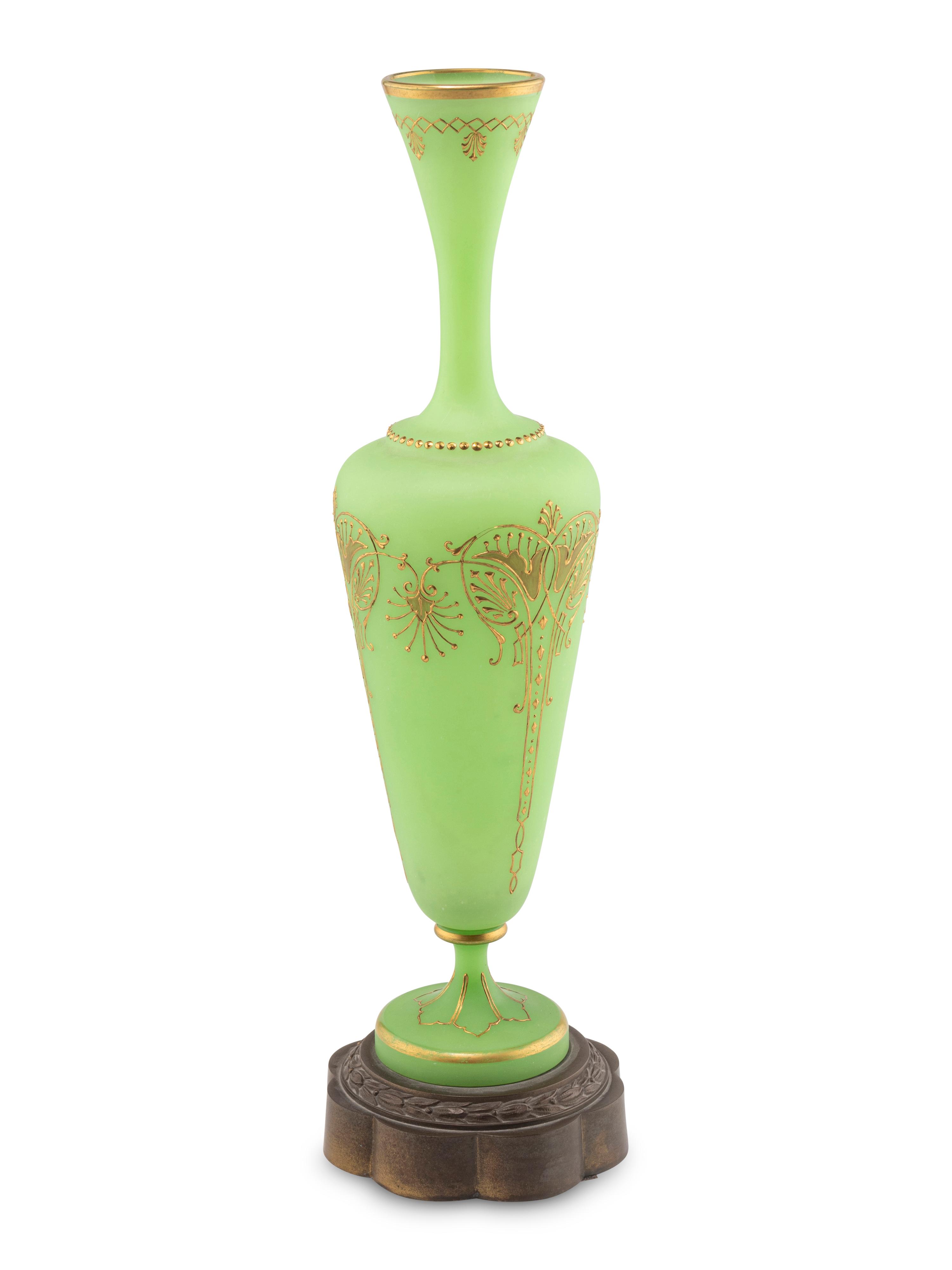 A French Gilt Decorated Green Opaline Glass Vase