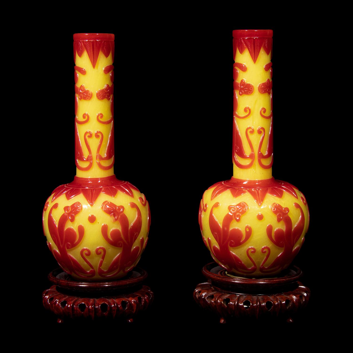 A Pair of Chinese Yellow Ground Red Overly Peking Glass Bottle Vases