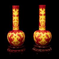 A Pair of Chinese Yellow Ground Red Overly Peking Glass Bottle Vases