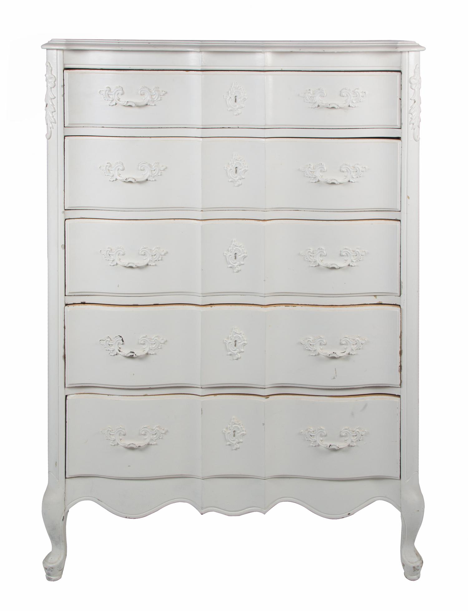 A Group of White Painted Dressers Height of larger 48 1/2 inches x width 34 inches x depth 19 1/4 inches.