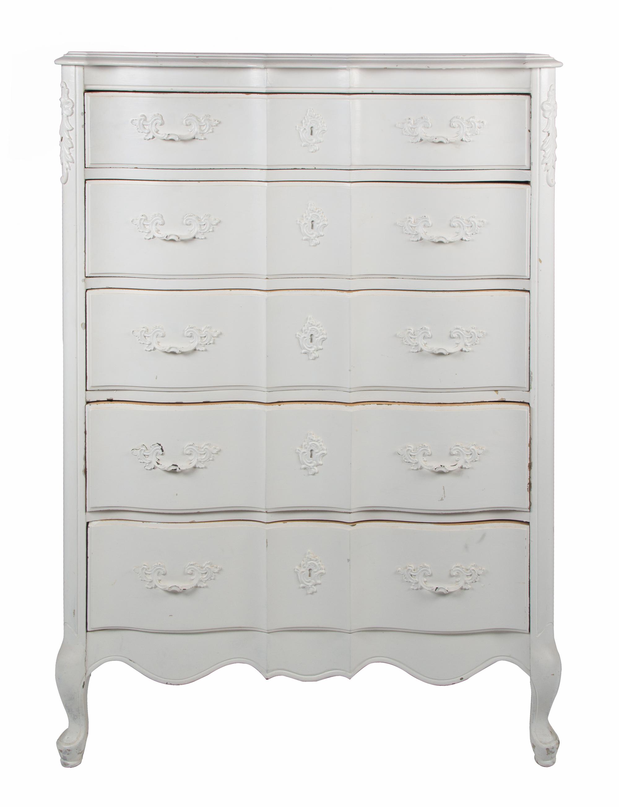 A Group of White Painted Dressers Height of larger 48 1/2 inches x width 34 inches x depth 19 1/4 inches.