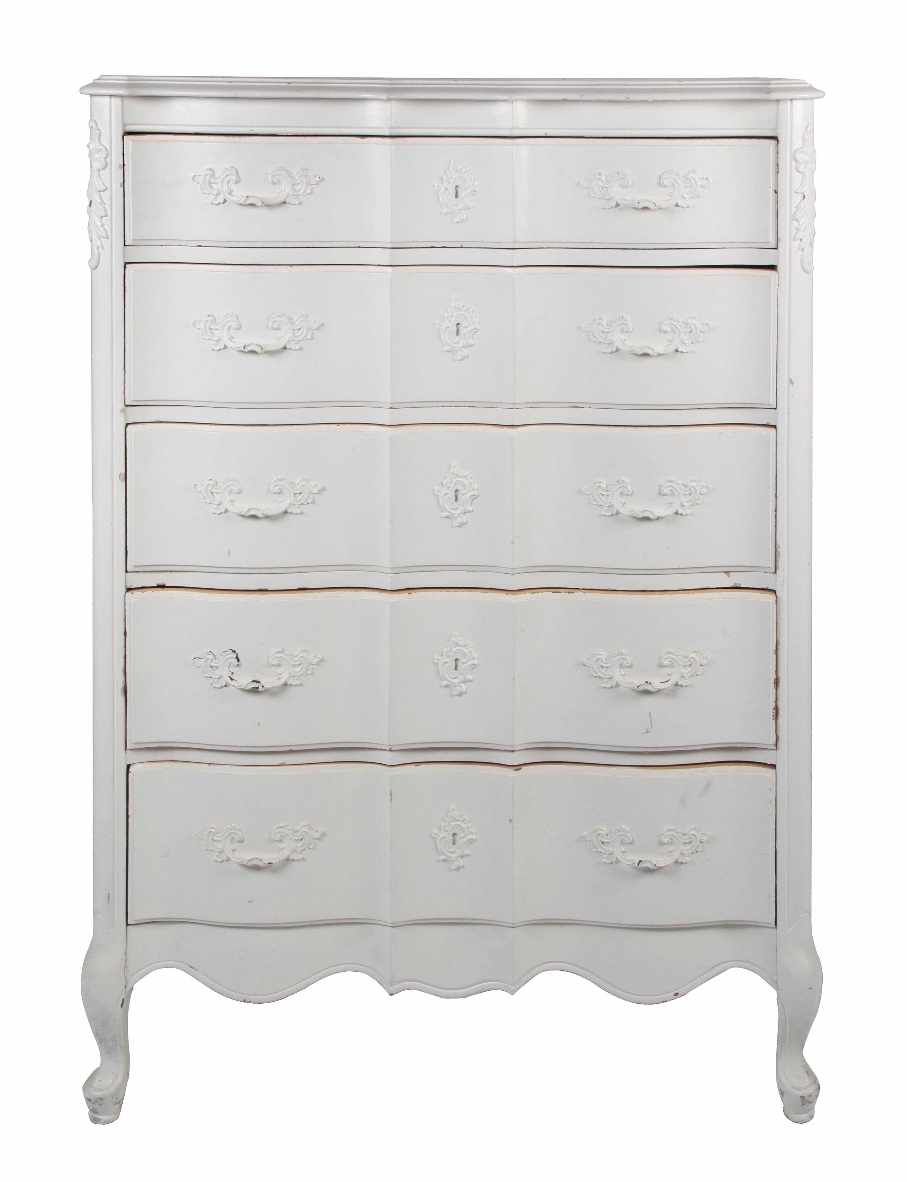 A Group of White Painted Dressers Height of larger 48 1/2 inches x width 34 inches x depth 19 1/4 inches.