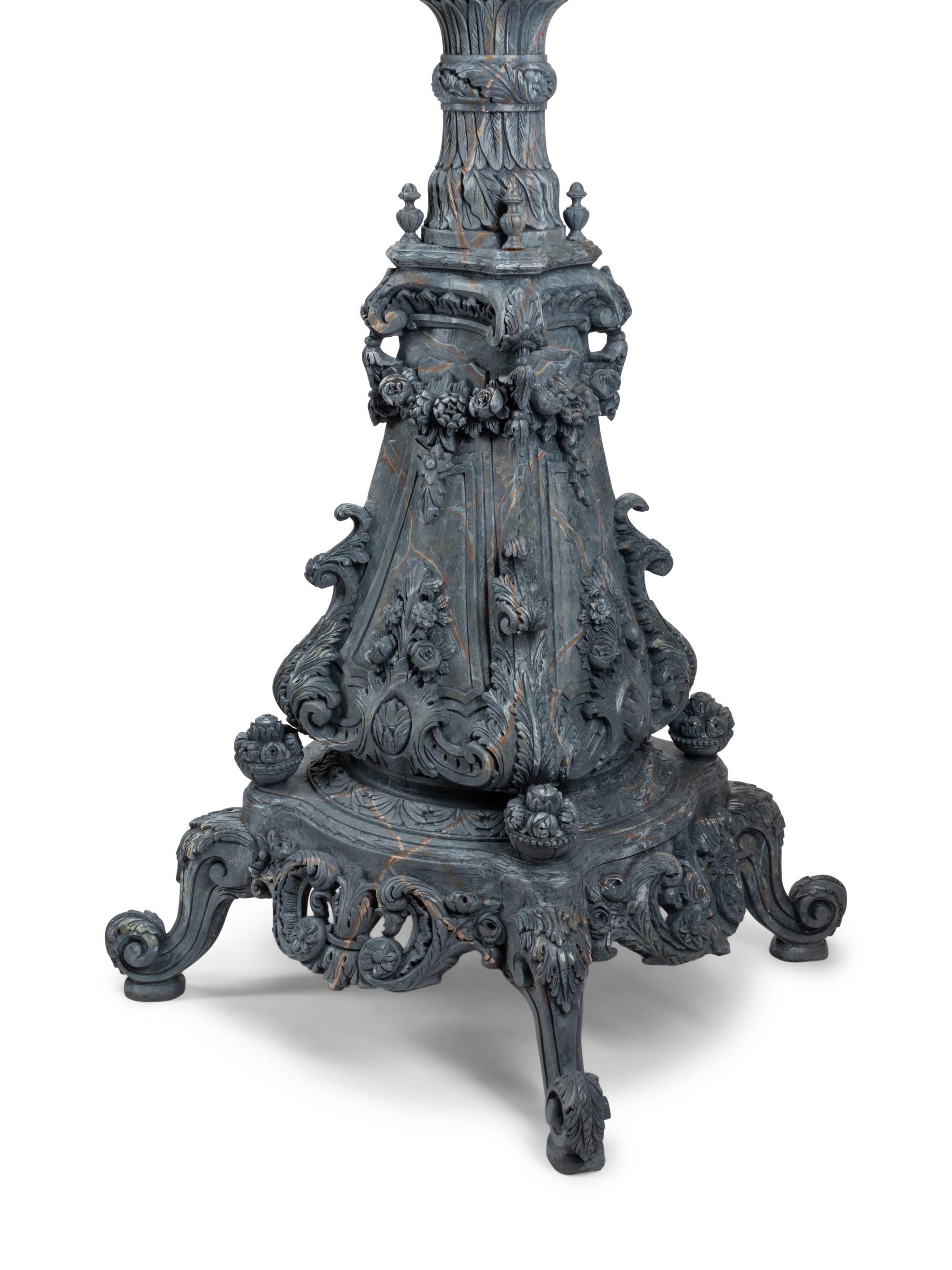 A Pair of Italian Faux Marble Painted Carved Wood Urns on Stands