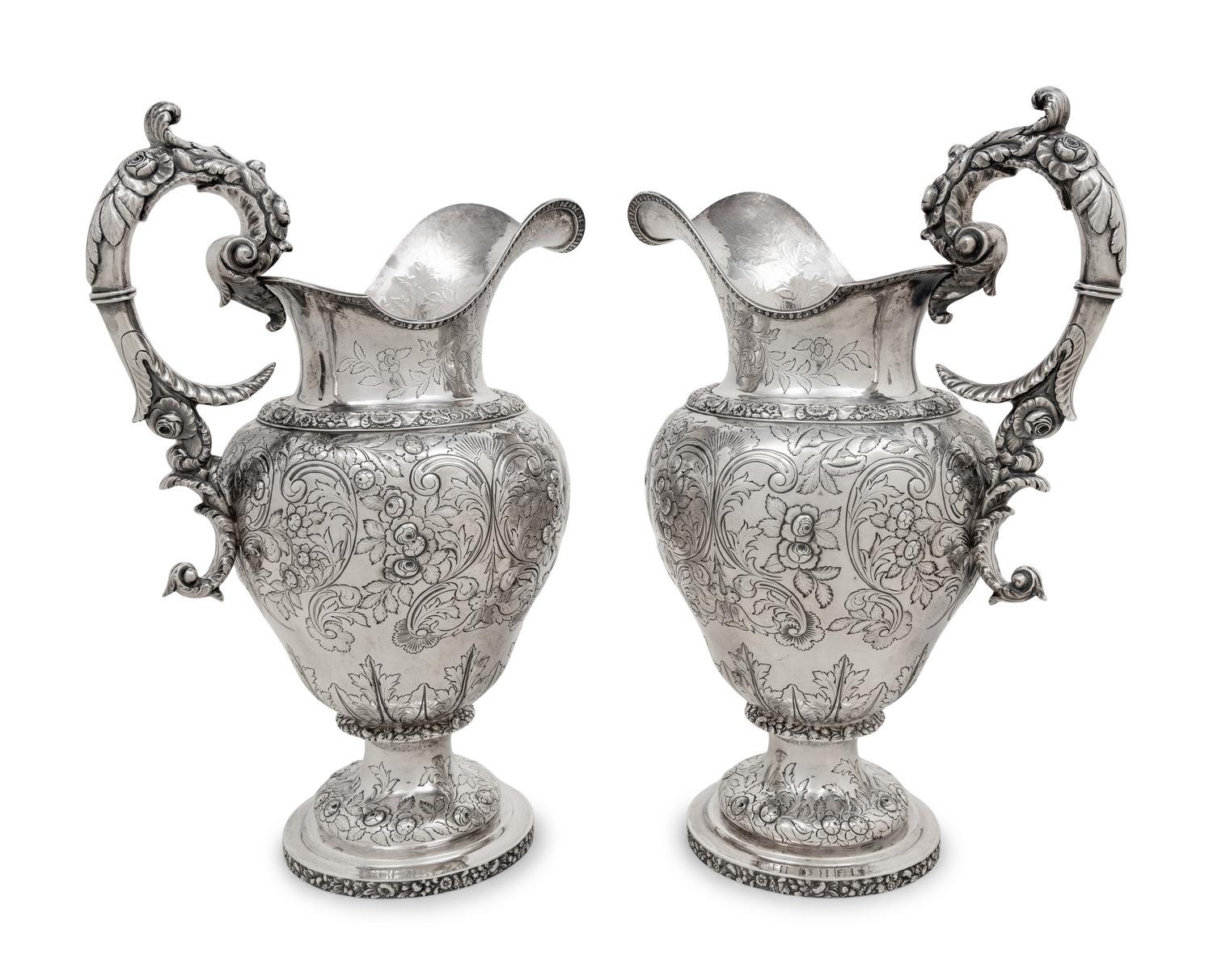 A Pair of American Coin Silver Presentation Ewers