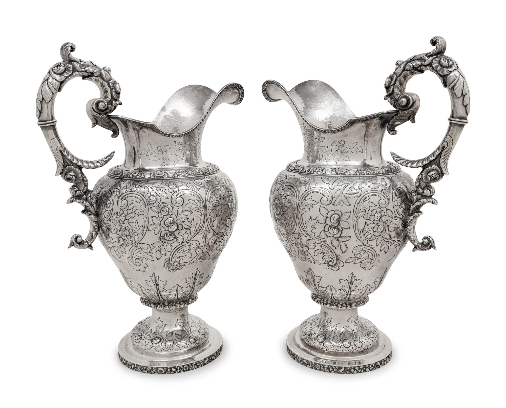 A Pair of American Coin Silver Presentation Ewers