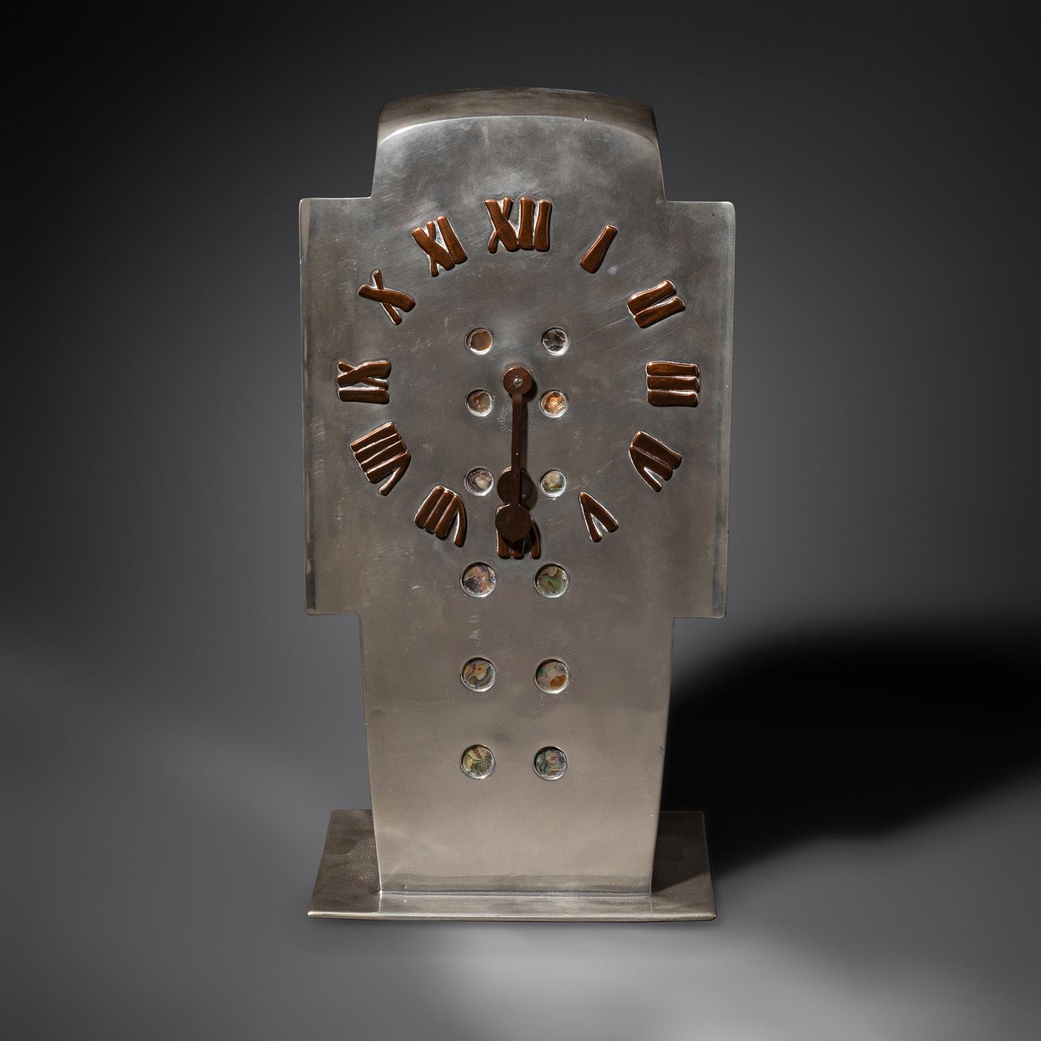 Important Tudric Pewter, Mother-of-Pearl and Copper Clock, c. 1905 Liberty & Co.