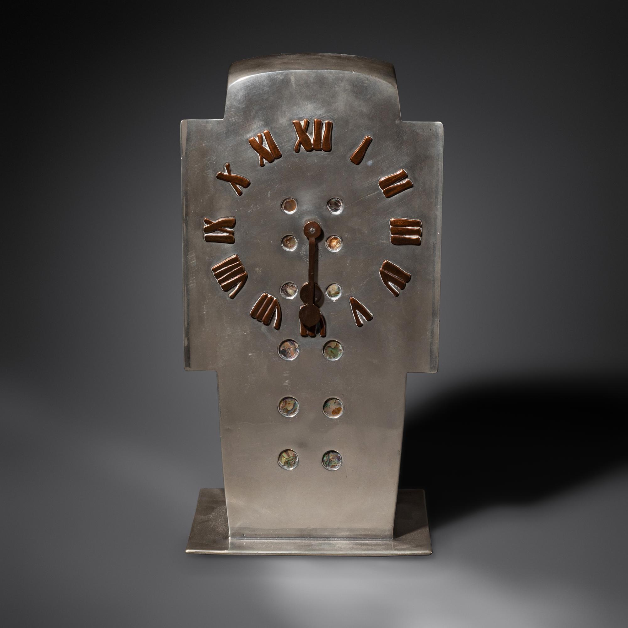 Important Tudric Pewter, Mother-of-Pearl and Copper Clock, c. 1905 Liberty & Co.