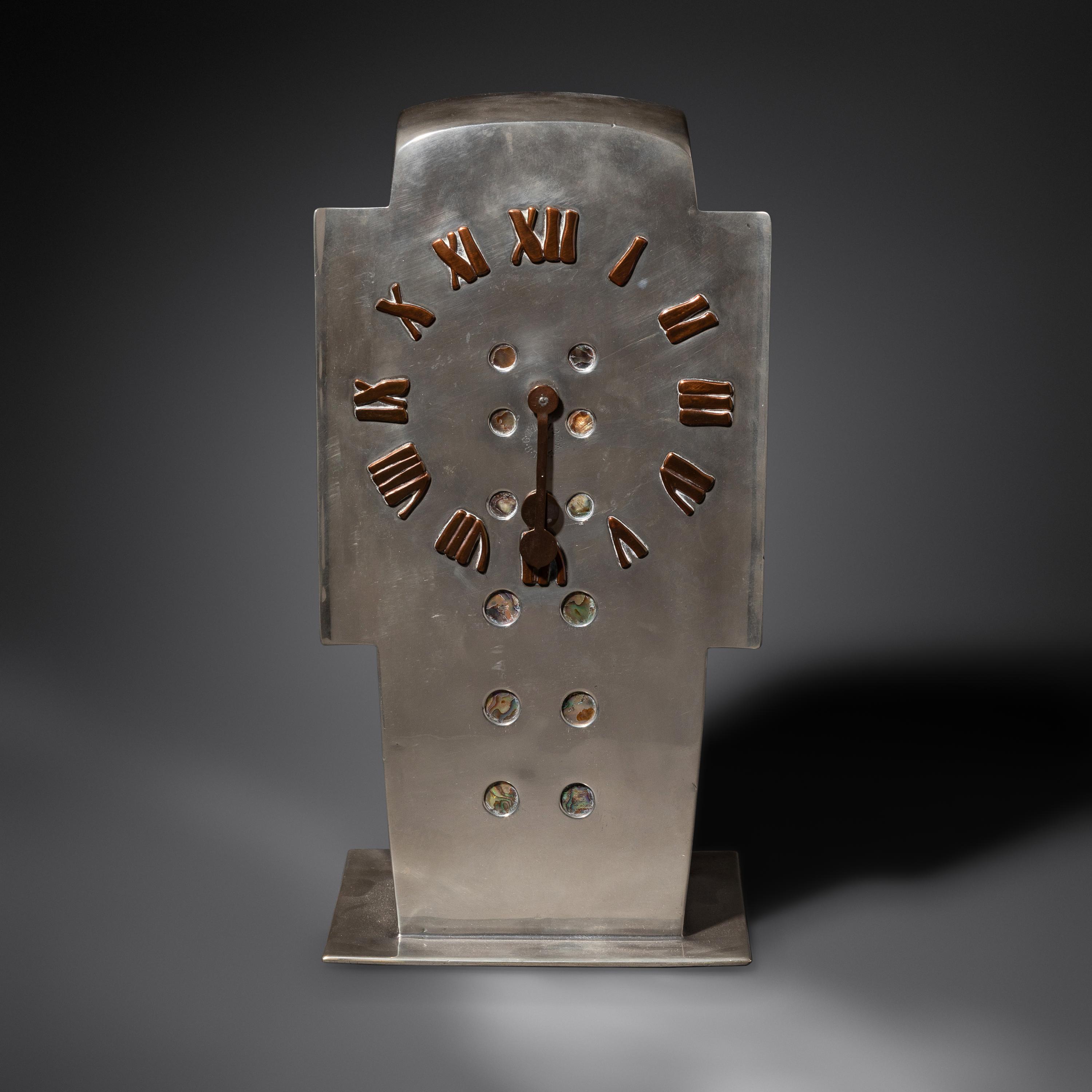 Important Tudric Pewter, Mother-of-Pearl and Copper Clock, c. 1905 Liberty & Co.