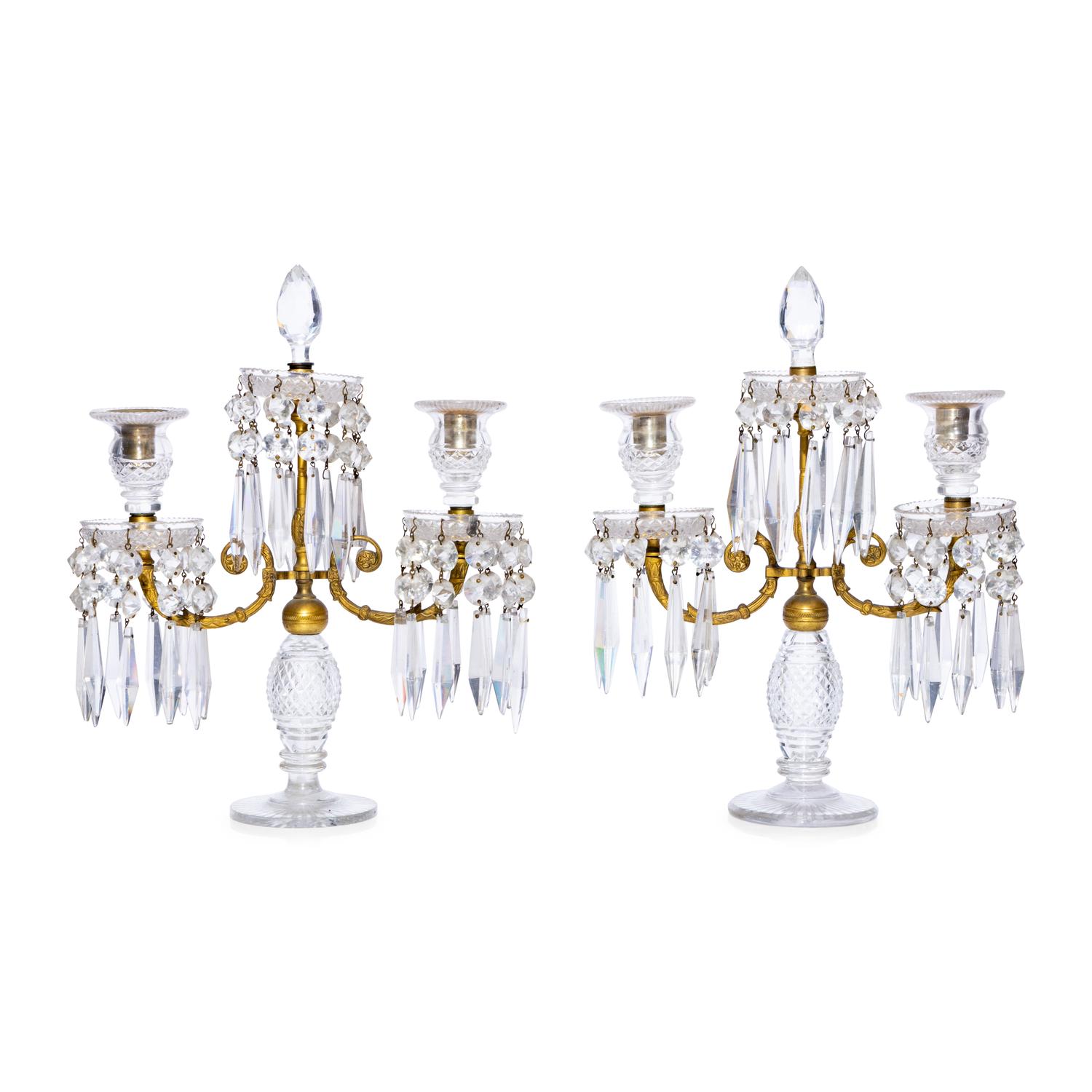 A Pair of English Gilt-Bronze and Cut Glass Three Light Candelabra
