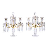 A Pair of English Gilt-Bronze and Cut Glass Three Light Candelabra