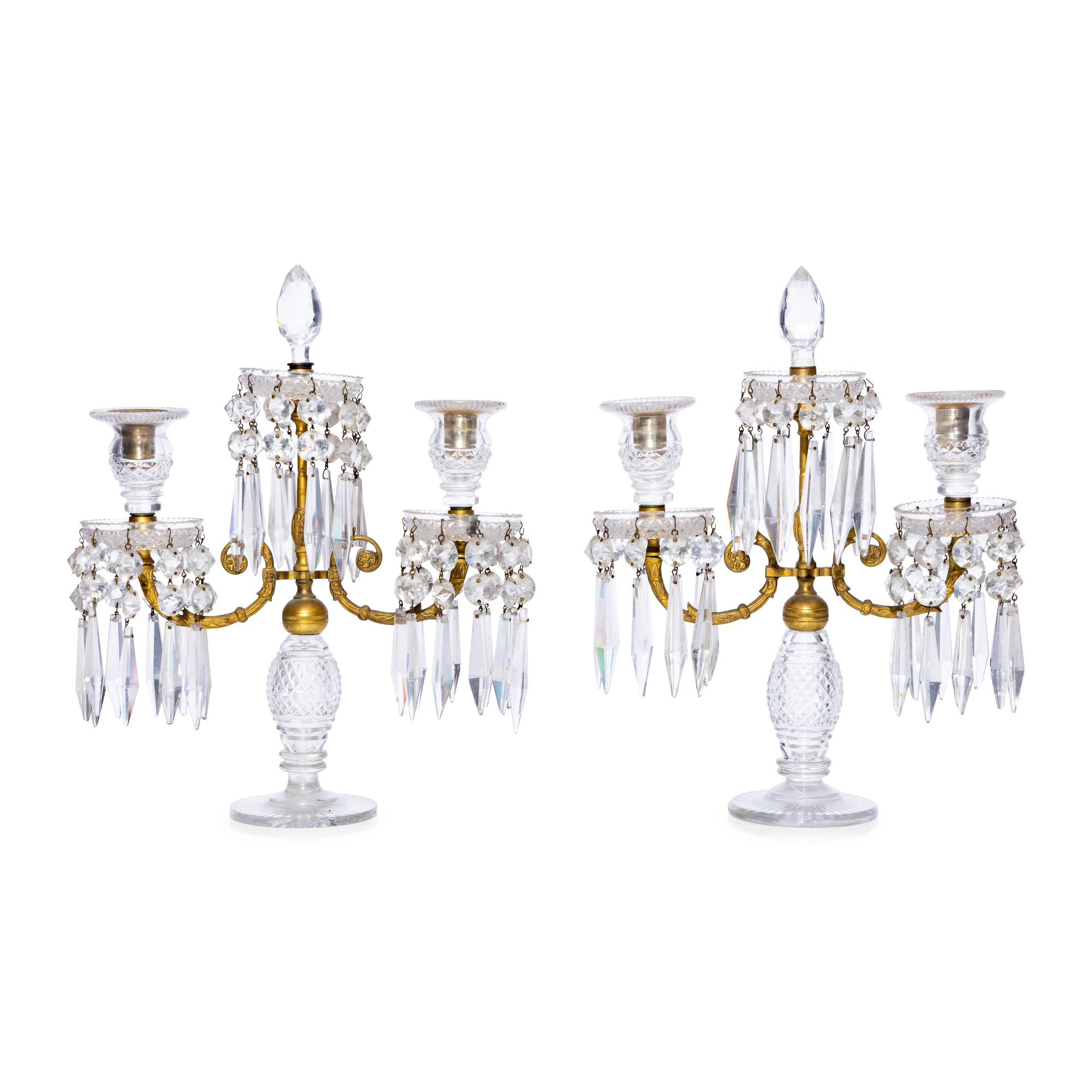 A Pair of English Gilt-Bronze and Cut Glass Three Light Candelabra