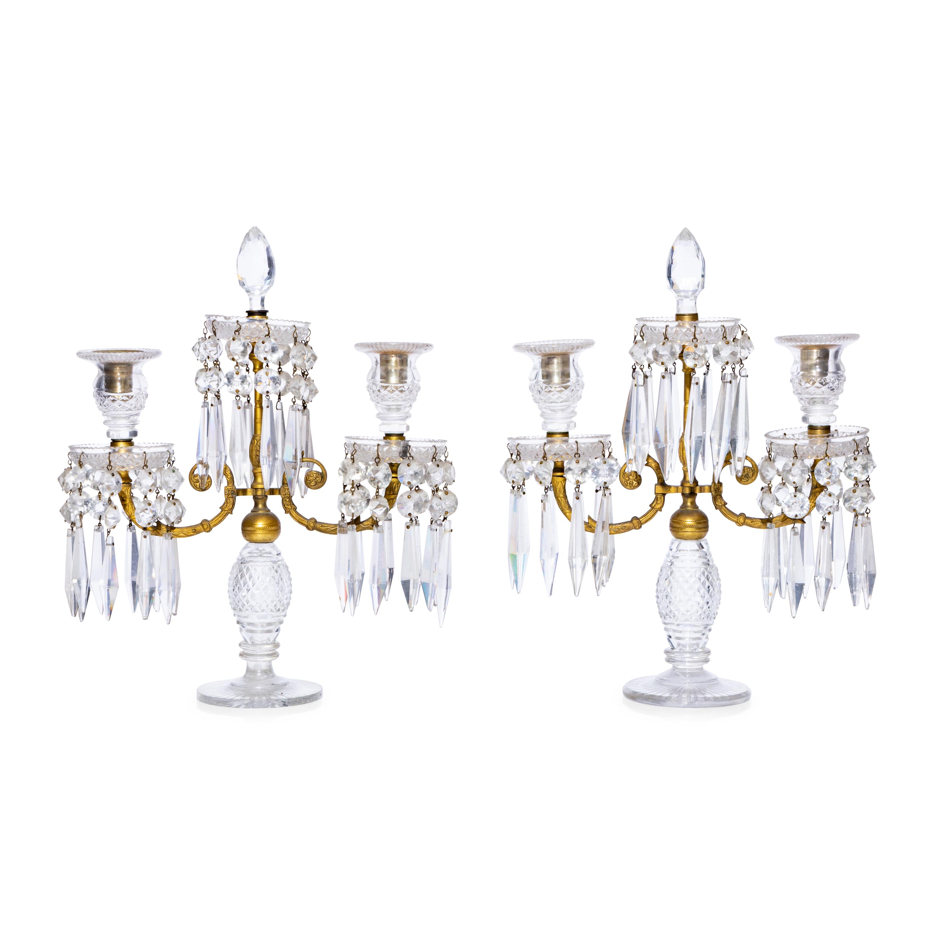 A Pair of English Gilt-Bronze and Cut Glass Three Light Candelabra