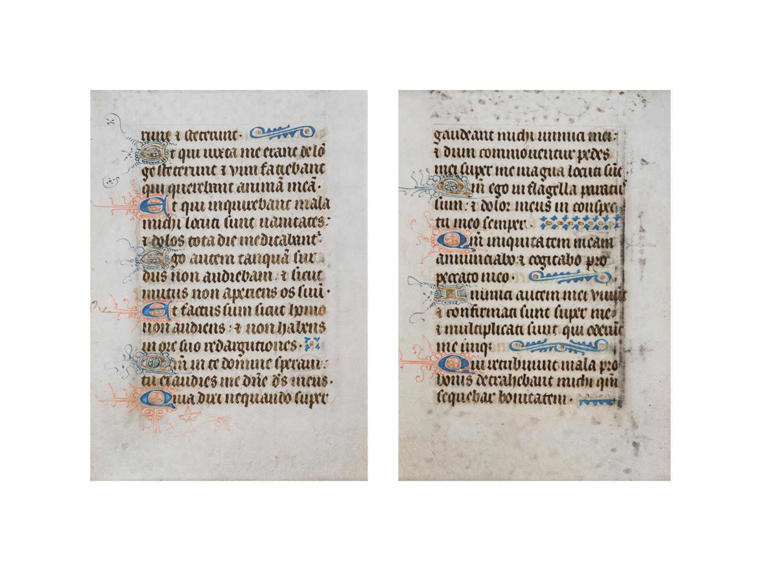 [BOOK OF HOURS]. A group of 25 leaves from medieval and renaissance manuscripts and printed books, including 5 or more from Otto Ege’s Fifty Original Leaves from Medieval Manuscripts. Western Europe: XII-XVI Century [compiled Cleveland, c.1950] and Original Leaves from Famous Bibles: Nine Centuries, 1121-1935 A.D [Compiled Cleveland, c.1950]. Various sizes, including: