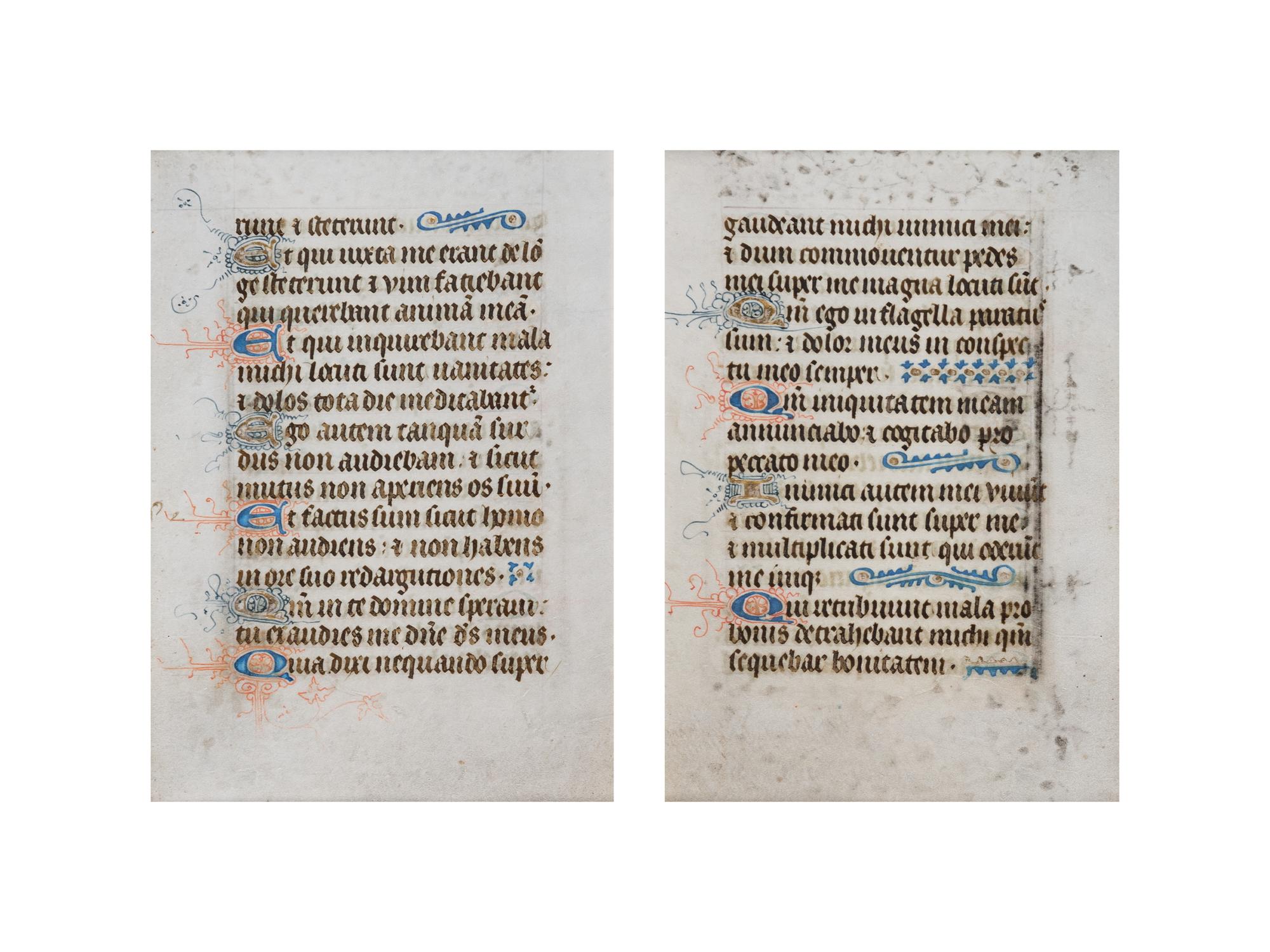 [BOOK OF HOURS]. A group of 25 leaves from medieval and renaissance manuscripts and printed books, including 5 or more from Otto Ege’s Fifty Original Leaves from Medieval Manuscripts. Western Europe: XII-XVI Century [compiled Cleveland, c.1950] and Original Leaves from Famous Bibles: Nine Centuries, 1121-1935 A.D [Compiled Cleveland, c.1950]. Various sizes, including: