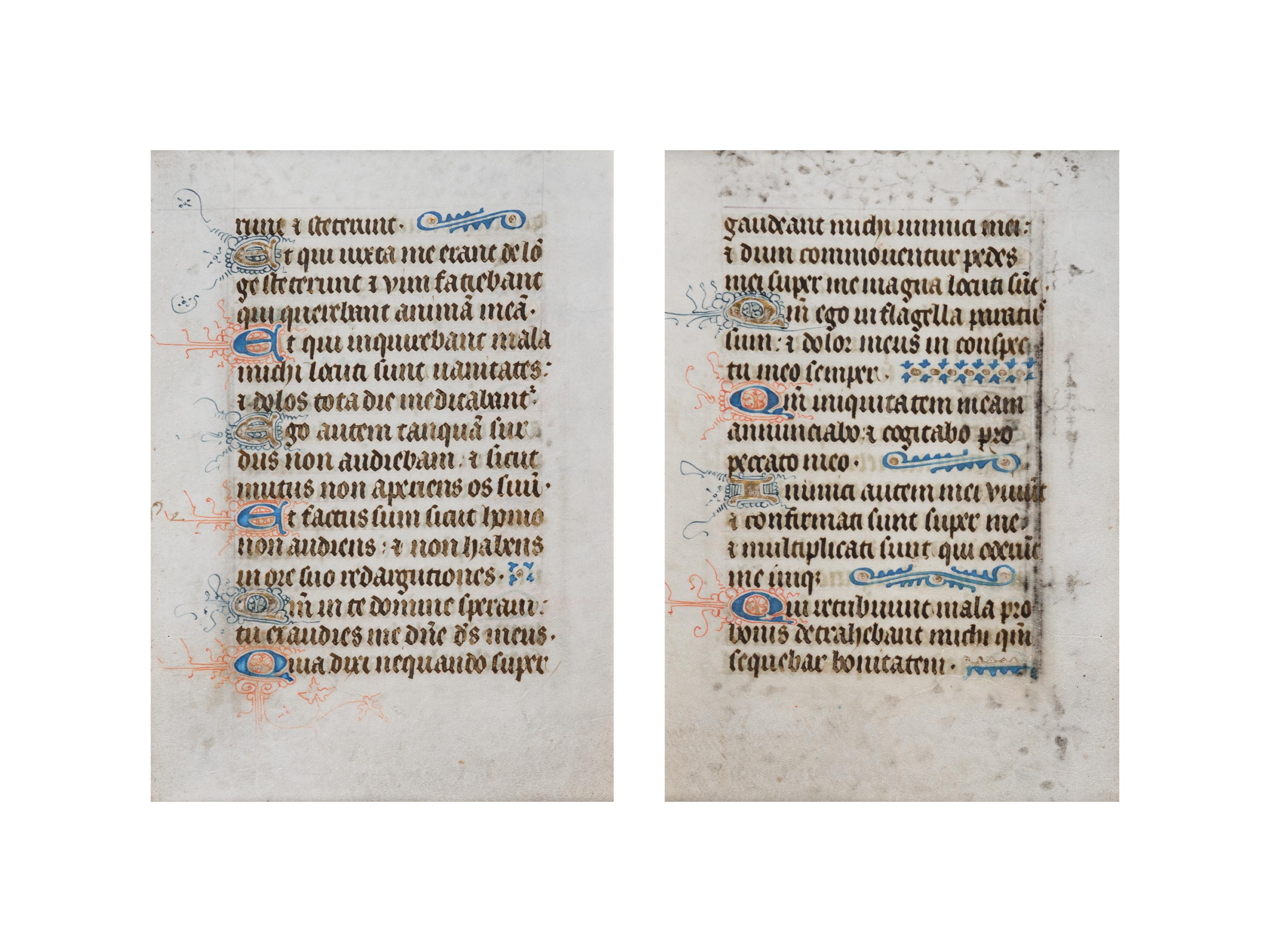 [BOOK OF HOURS]. A group of 25 leaves from medieval and renaissance manuscripts and printed books, including 5 or more from Otto Ege’s Fifty Original Leaves from Medieval Manuscripts. Western Europe: XII-XVI Century [compiled Cleveland, c.1950] and Original Leaves from Famous Bibles: Nine Centuries, 1121-1935 A.D [Compiled Cleveland, c.1950]. Various sizes, including: