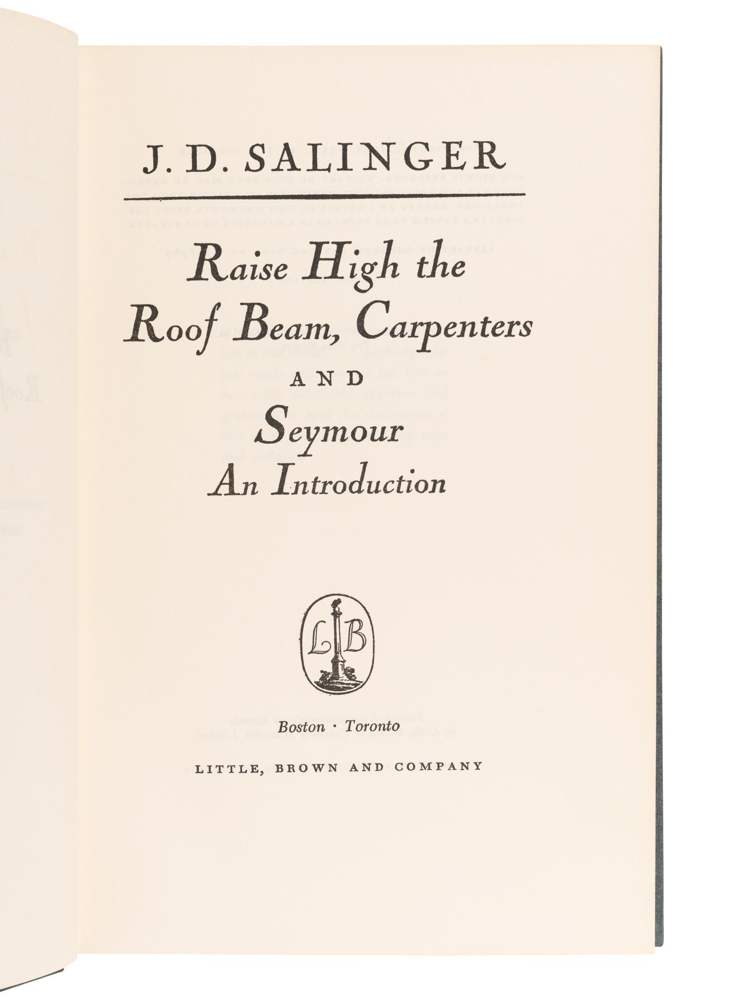 SALINGER, Jerome David (“J.D.”) (1919-2010). The Catcher in the Rye . Boston: Little, Brown and Company, 1951.