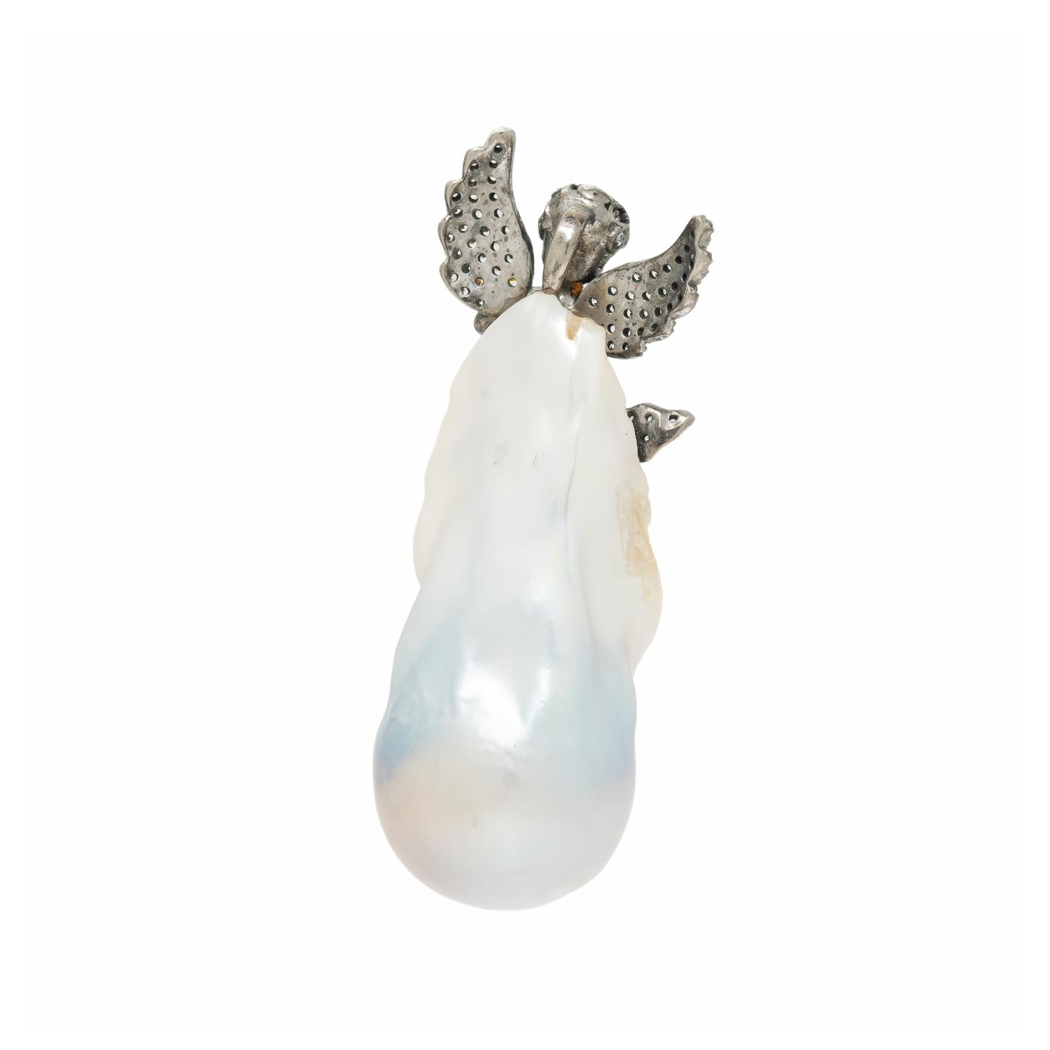 BAROQUE CULTURED PEARL AND PINK CRYSTAL ANGEL PENDANT