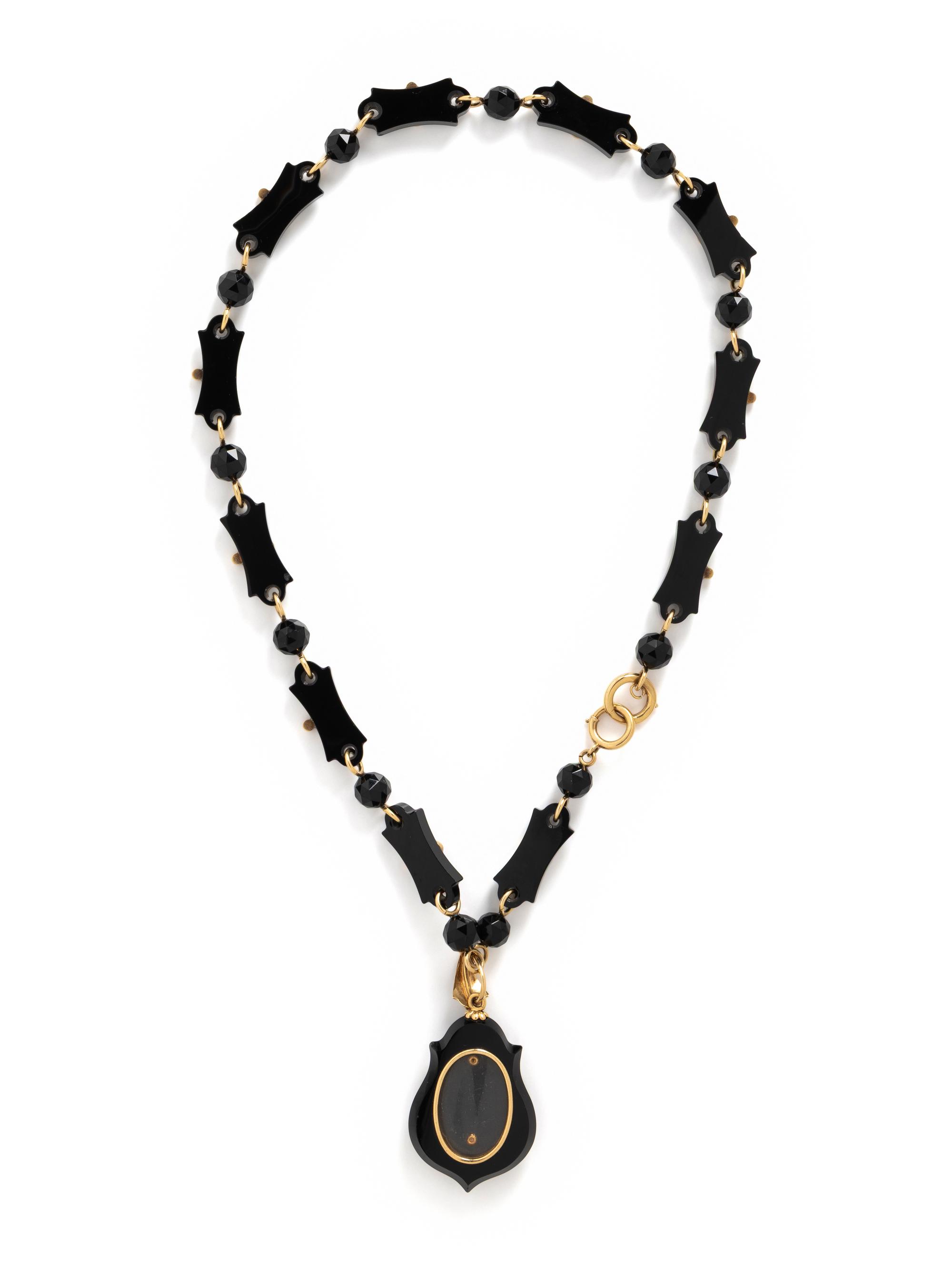VICTORIAN, BLACK ONYX, SEED PEARL, AND YELLOW GOLD NECKLACE