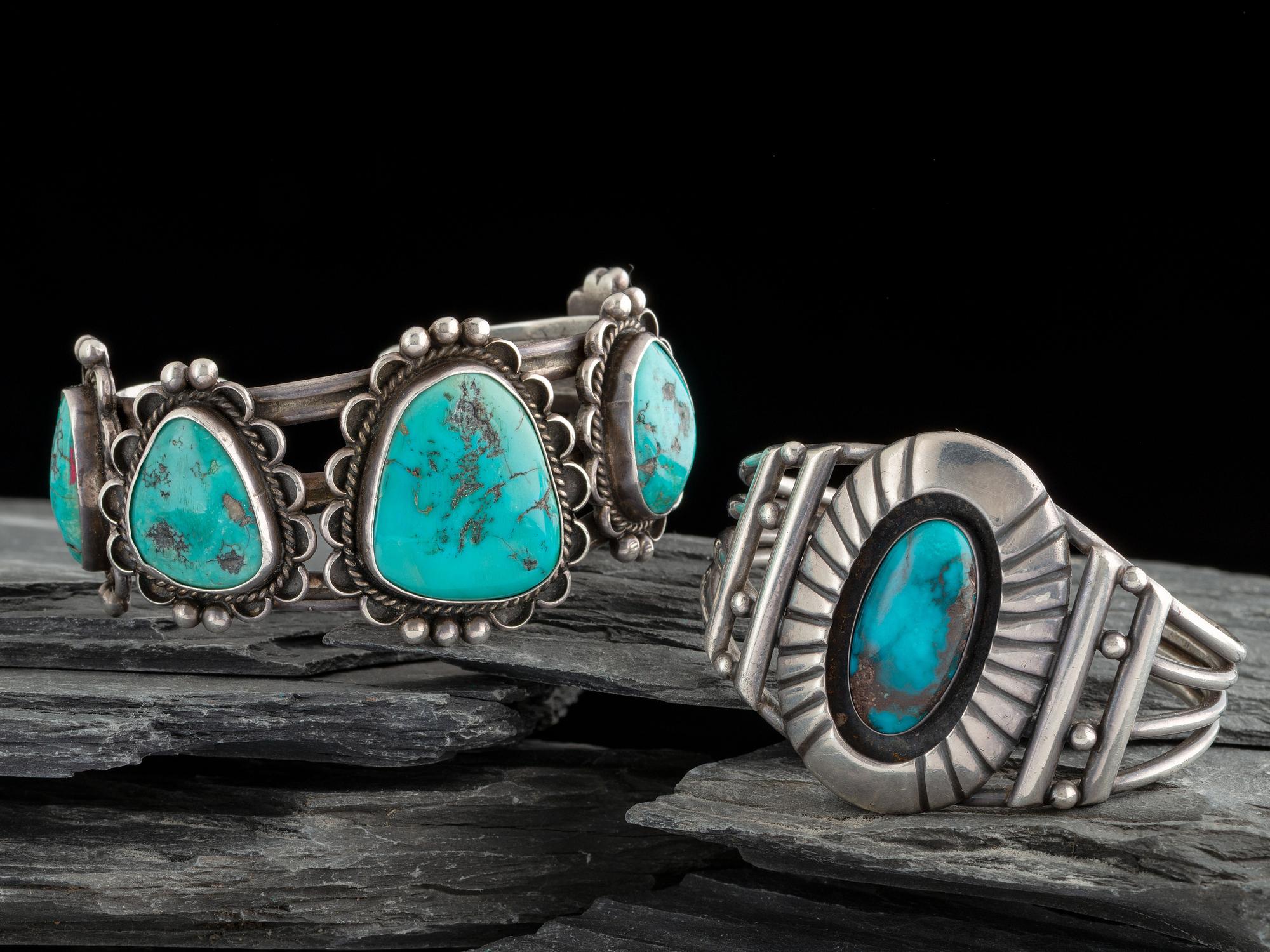 Pair of Navajo Silver and Turquoise Cuff Bracelets