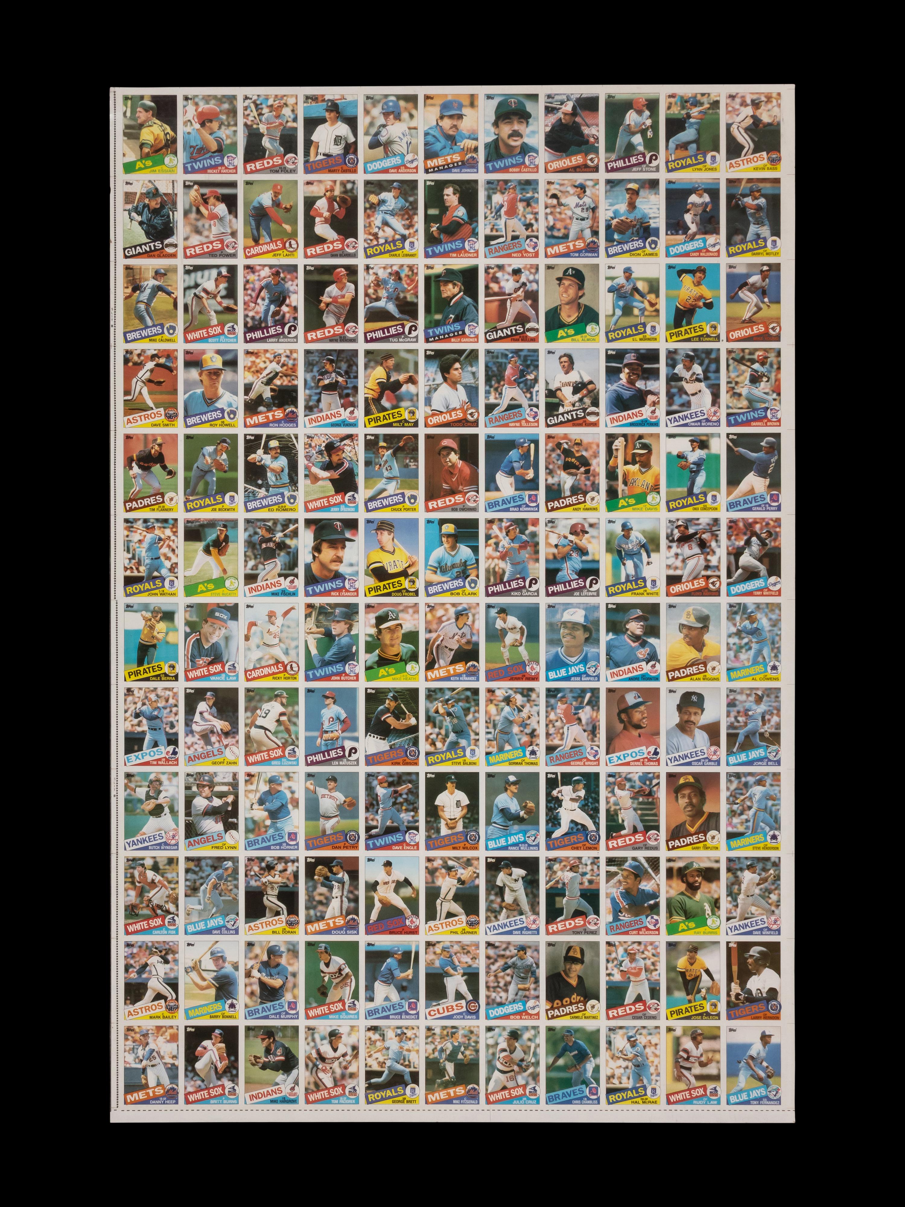 A Complete Set of 1985 Topps Baseball Cards in Six Uncut Sheets Featuring Mark McGwire, Roger Clemens and Kirby Puckett Rookie Cards