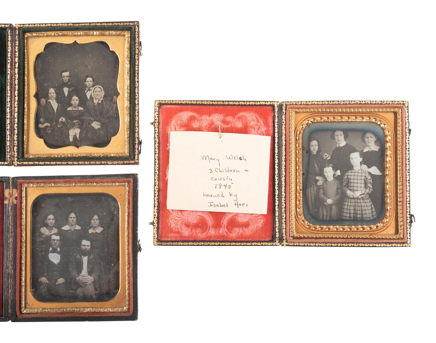 [EARLY PHOTOGRAPHY]. 4 daguerreotypes featuring groups of 5 or more people, incl. a fine half plate example by COLLINS.
