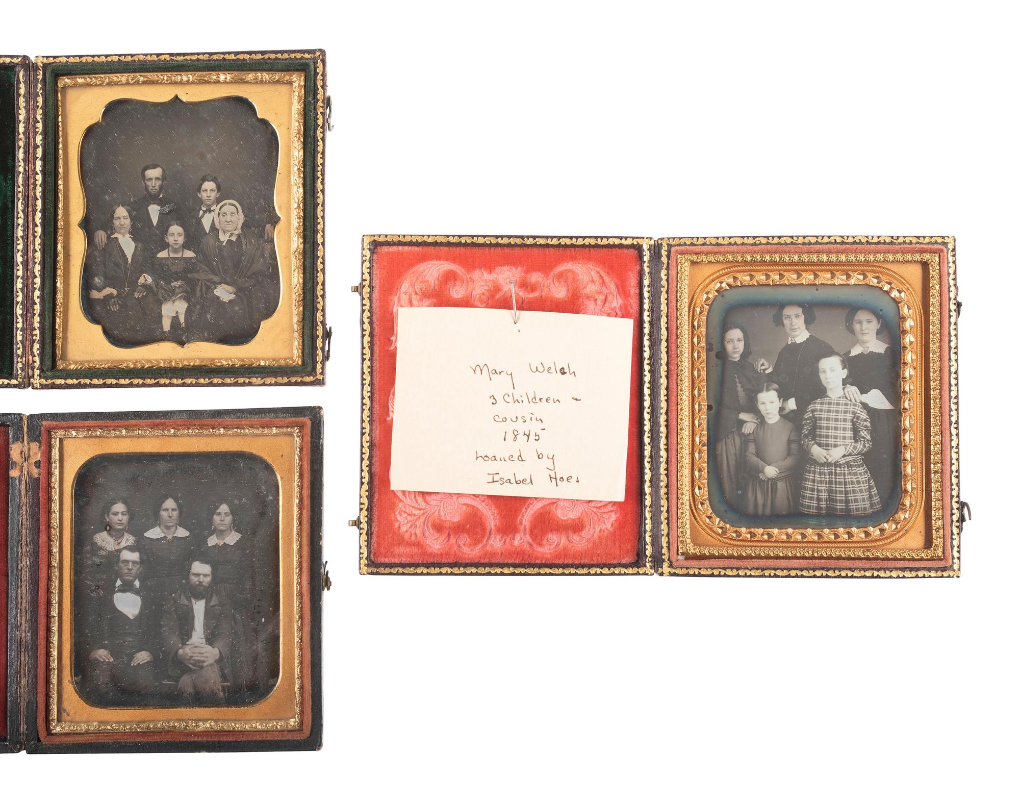 [EARLY PHOTOGRAPHY]. 4 daguerreotypes featuring groups of 5 or more people, incl. a fine half plate example by COLLINS.
