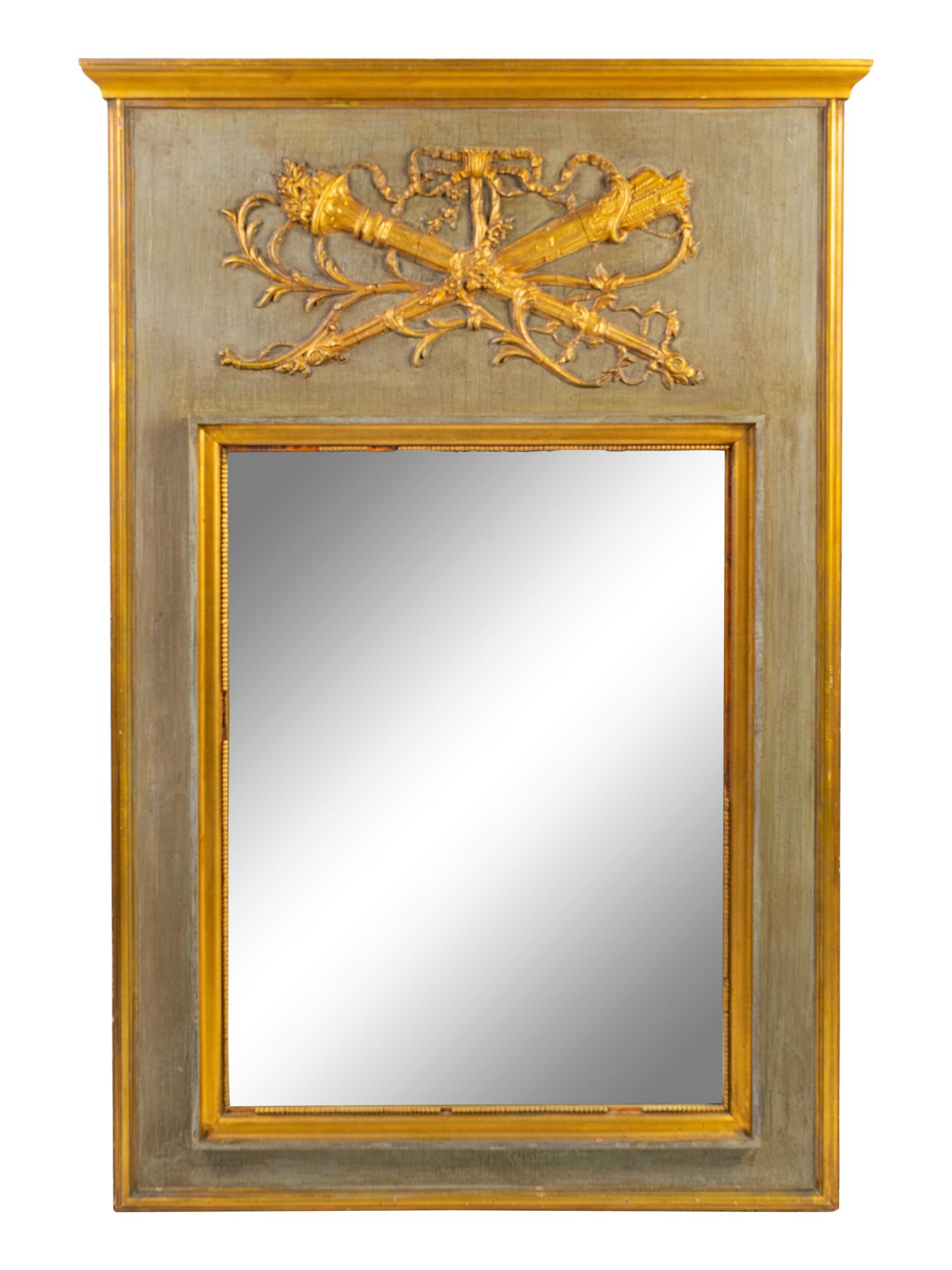 A Louis XVI Style Painted and Parcel Gilt Trumeau Mirror