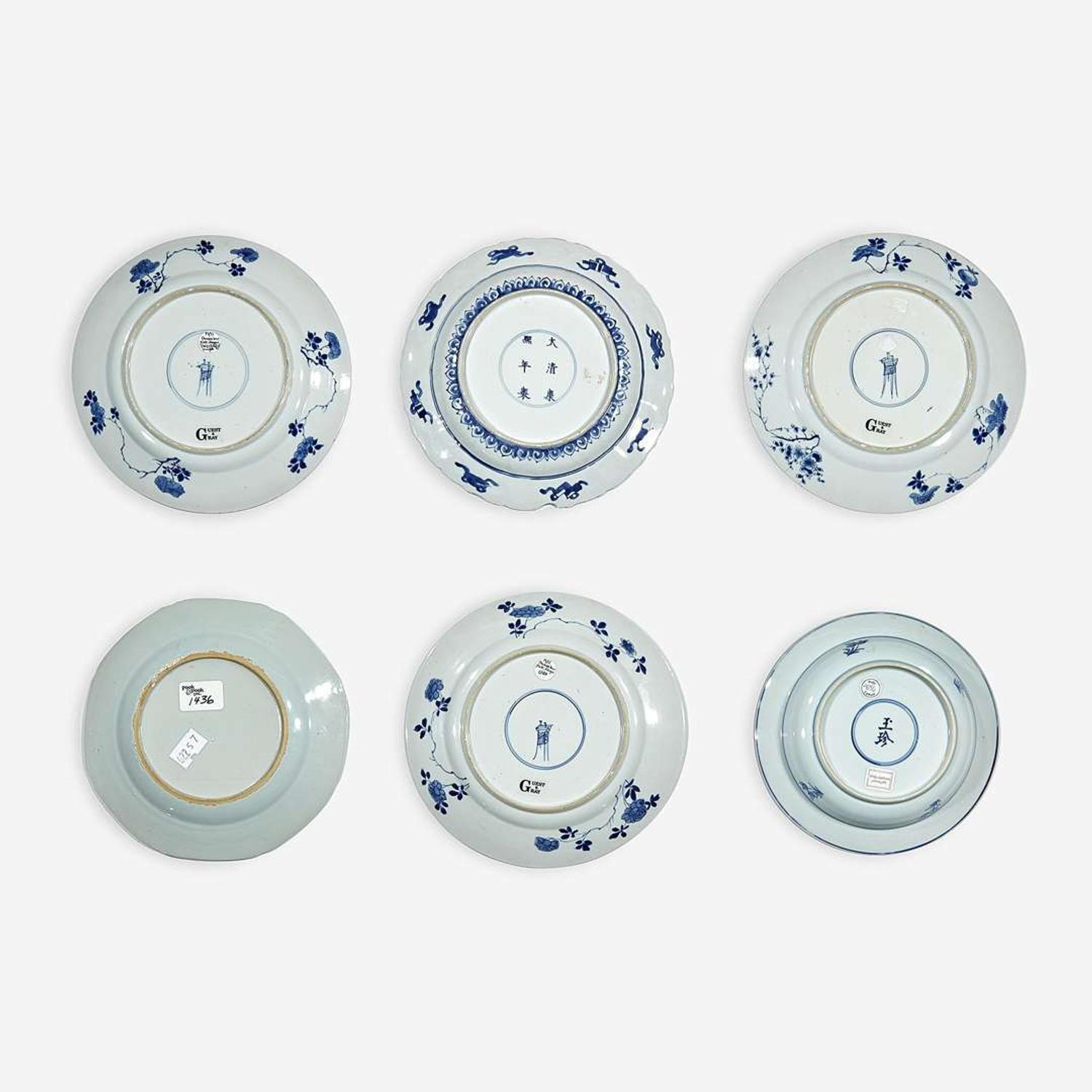A group of six Chinese blue and white porcelain dishes Kangxi period to early 19th Century