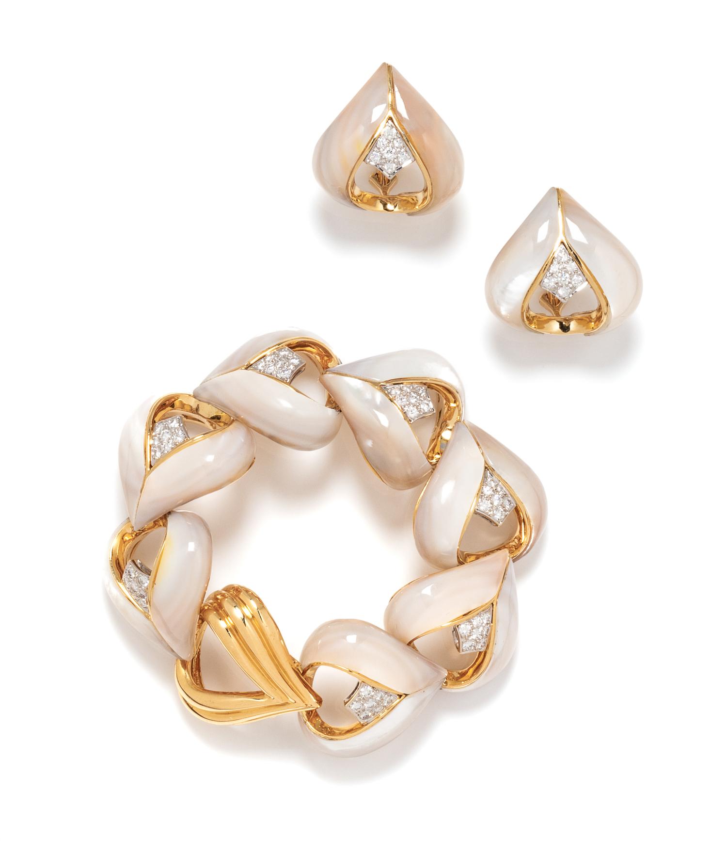 An 18 Karat Yellow Gold, Platinum, Mother-of-Pearl and Diamond Demi-Parure, 67.70 dwts.