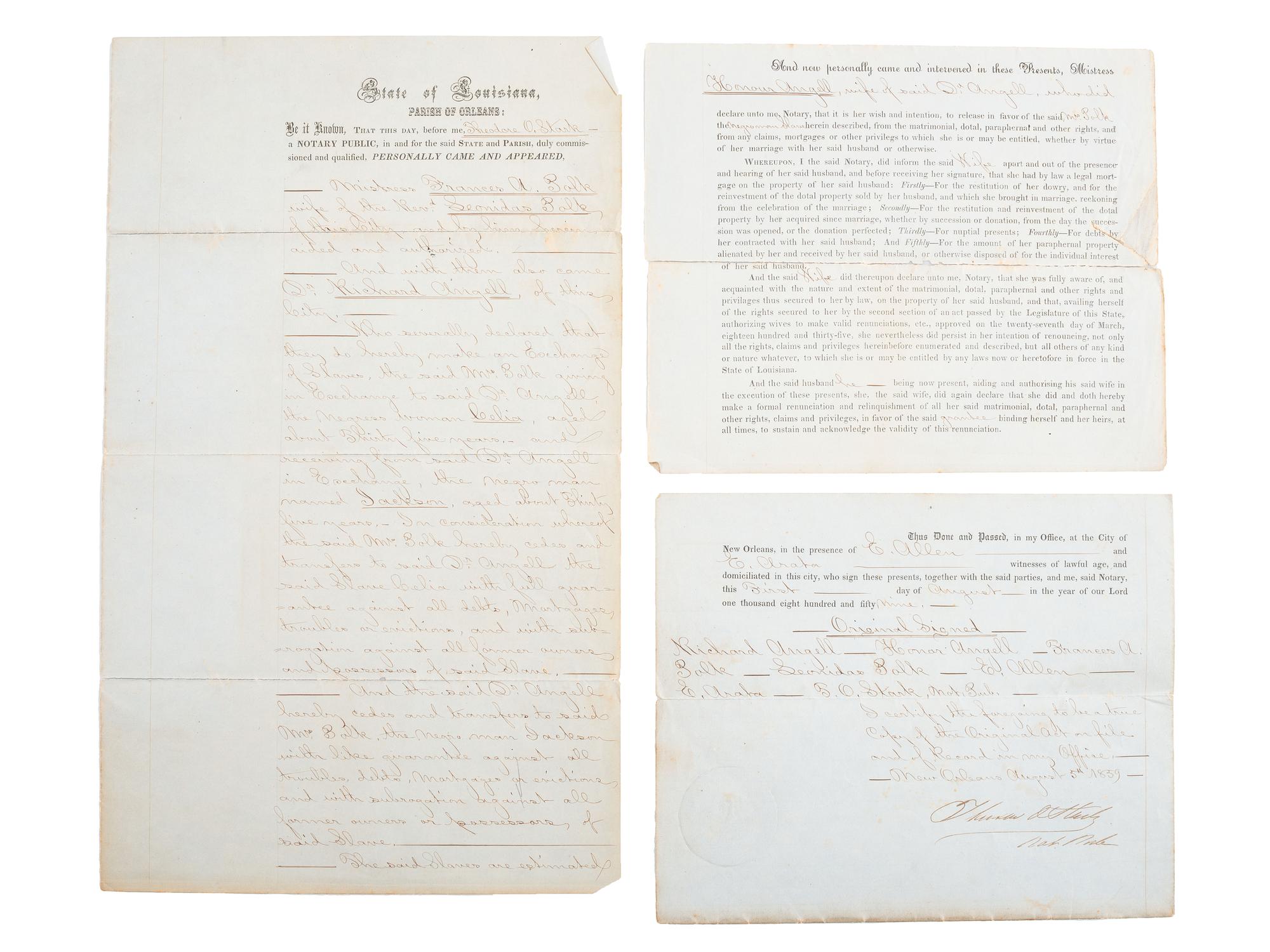 [SLAVERY & ABOLITION] -- [POLK, LEONIDAS (1806-1864)]. Documents regarding the exchange of two enslaved persons, Celia and Jackson, by Mrs. Frances Polk, 1859.