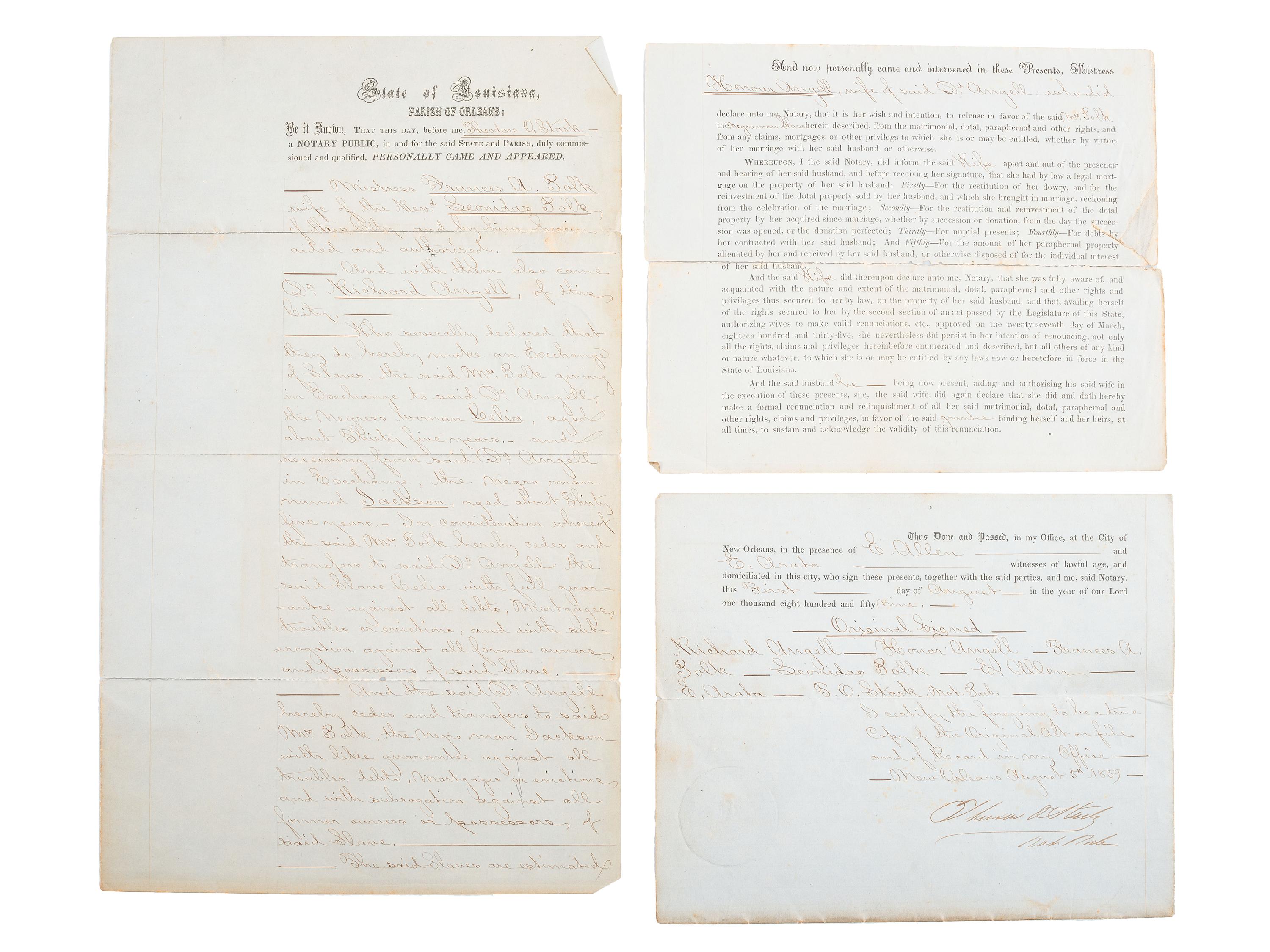 [SLAVERY & ABOLITION] -- [POLK, LEONIDAS (1806-1864)]. Documents regarding the exchange of two enslaved persons, Celia and Jackson, by Mrs. Frances Polk, 1859.