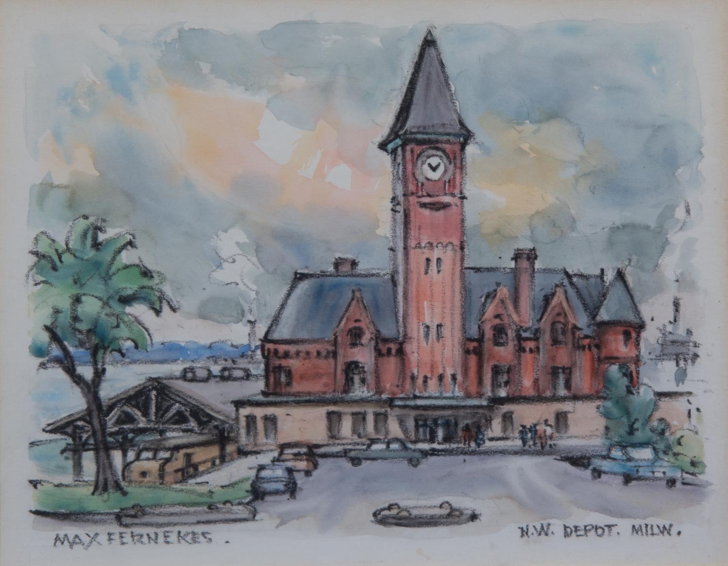 Max Fernekes, (Wisconsin, 1905-1984), Blue Flower and N. W. Depot Milw (two works)