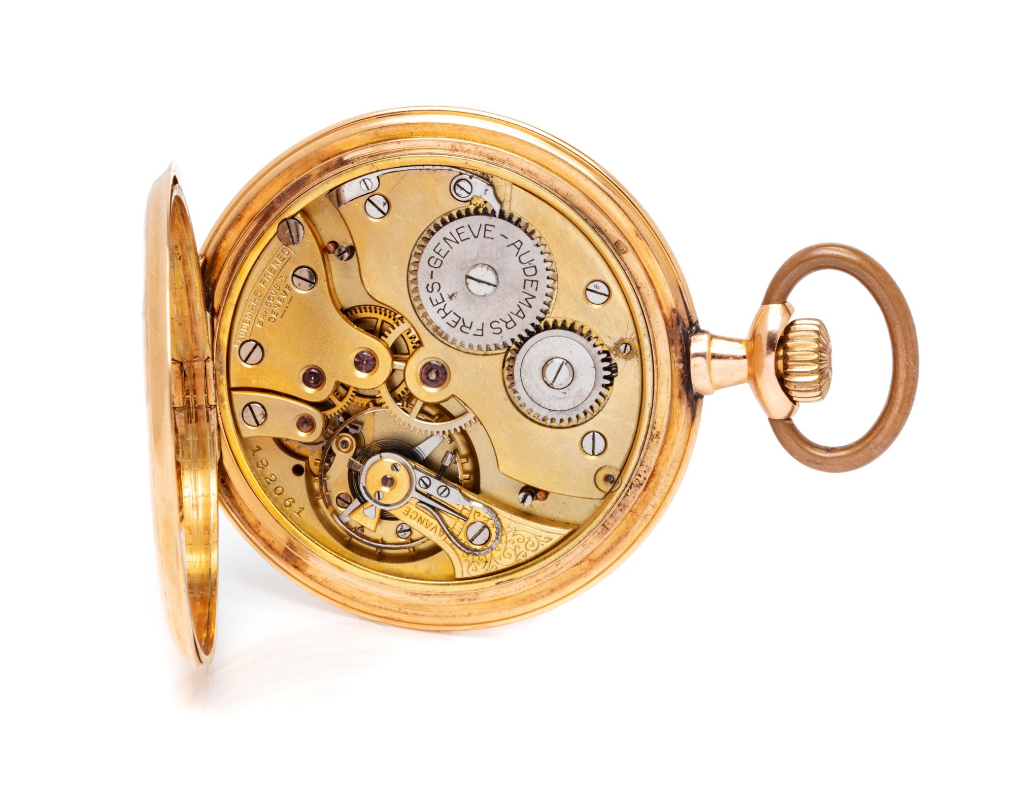 A 14 Karat Rose Gold Open Face Pocket Watch, Audemars Freres,