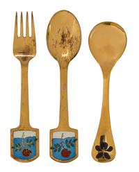 Three Danish Silver Gilt and Enamel Commemorative Spoons, A. Michelsen and Georg Jensen, Denmark, comprising a Michelsen fork and spoon