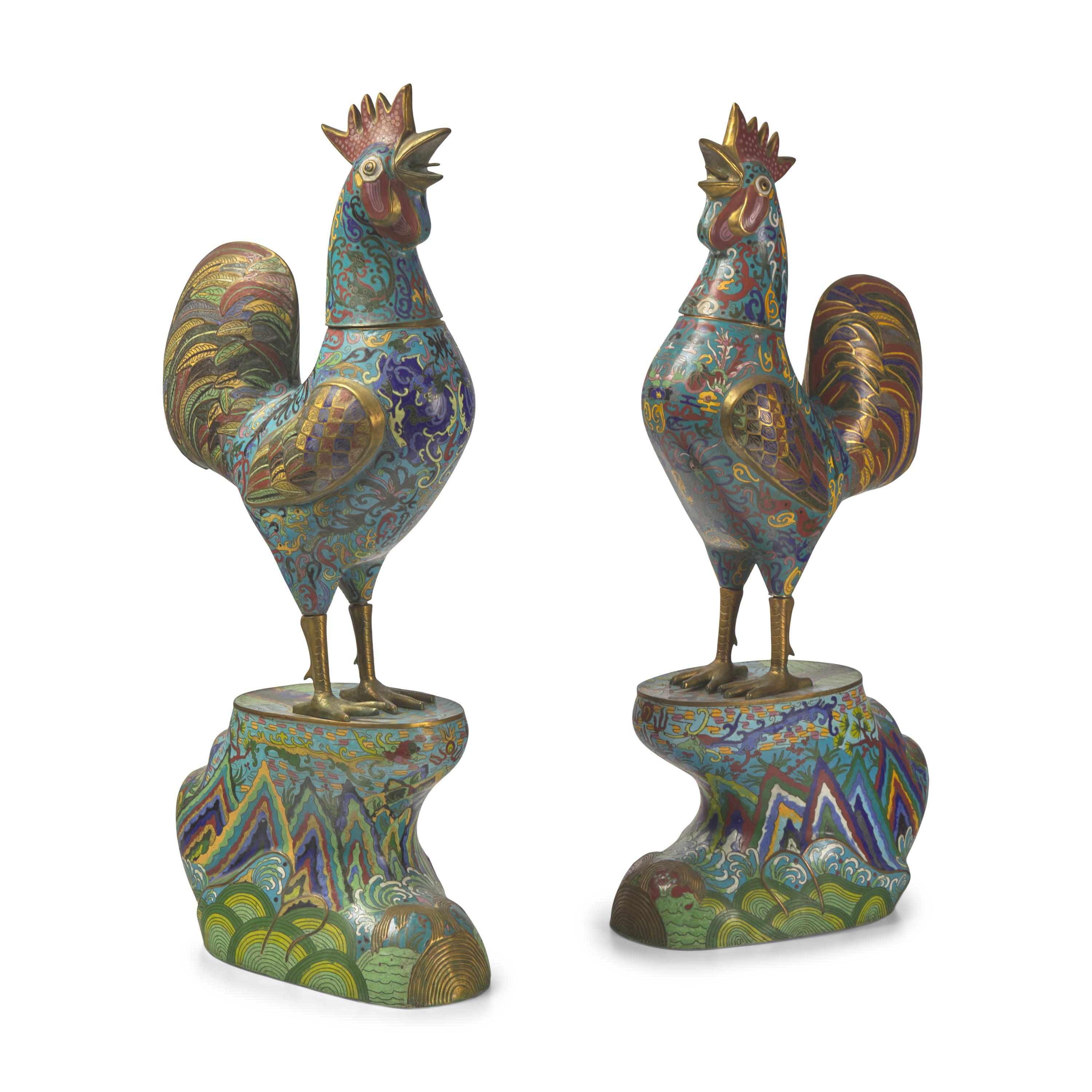 A Pair of Large Chinese Cloisonné Roosters