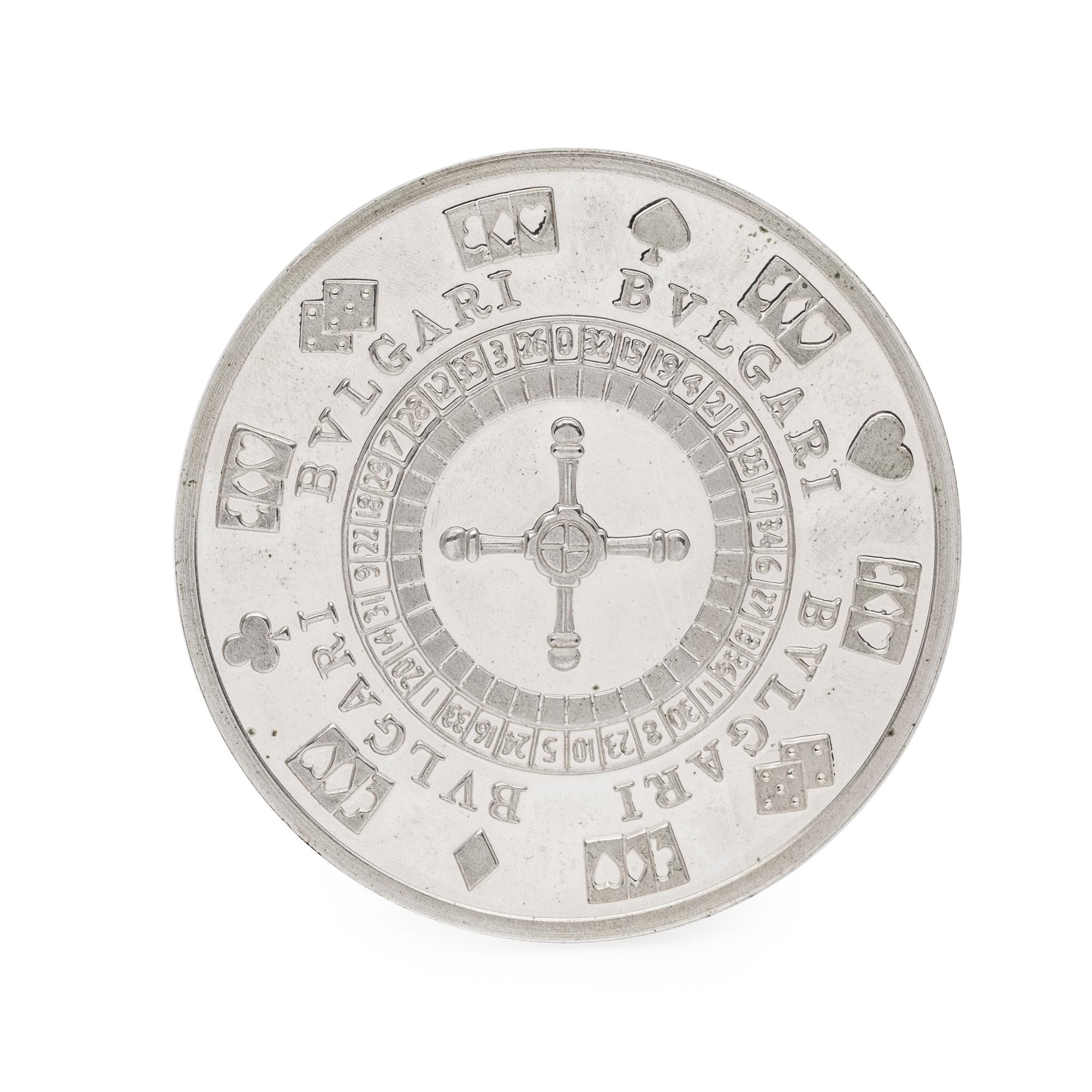 BVLGARI, PAIR OF STERLING SILVER AND GILT DICE AND POKER CHIP