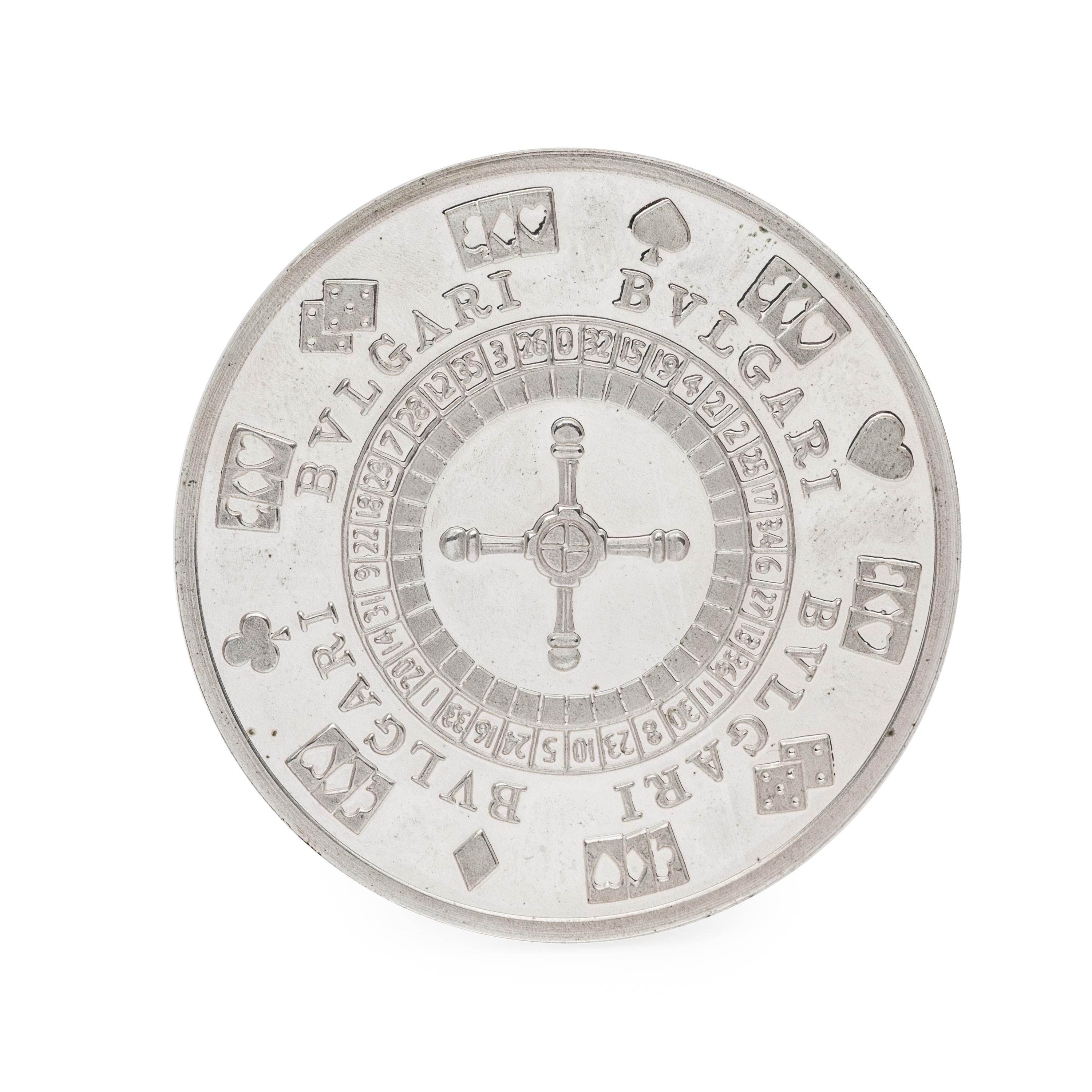 BVLGARI, PAIR OF STERLING SILVER AND GILT DICE AND POKER CHIP