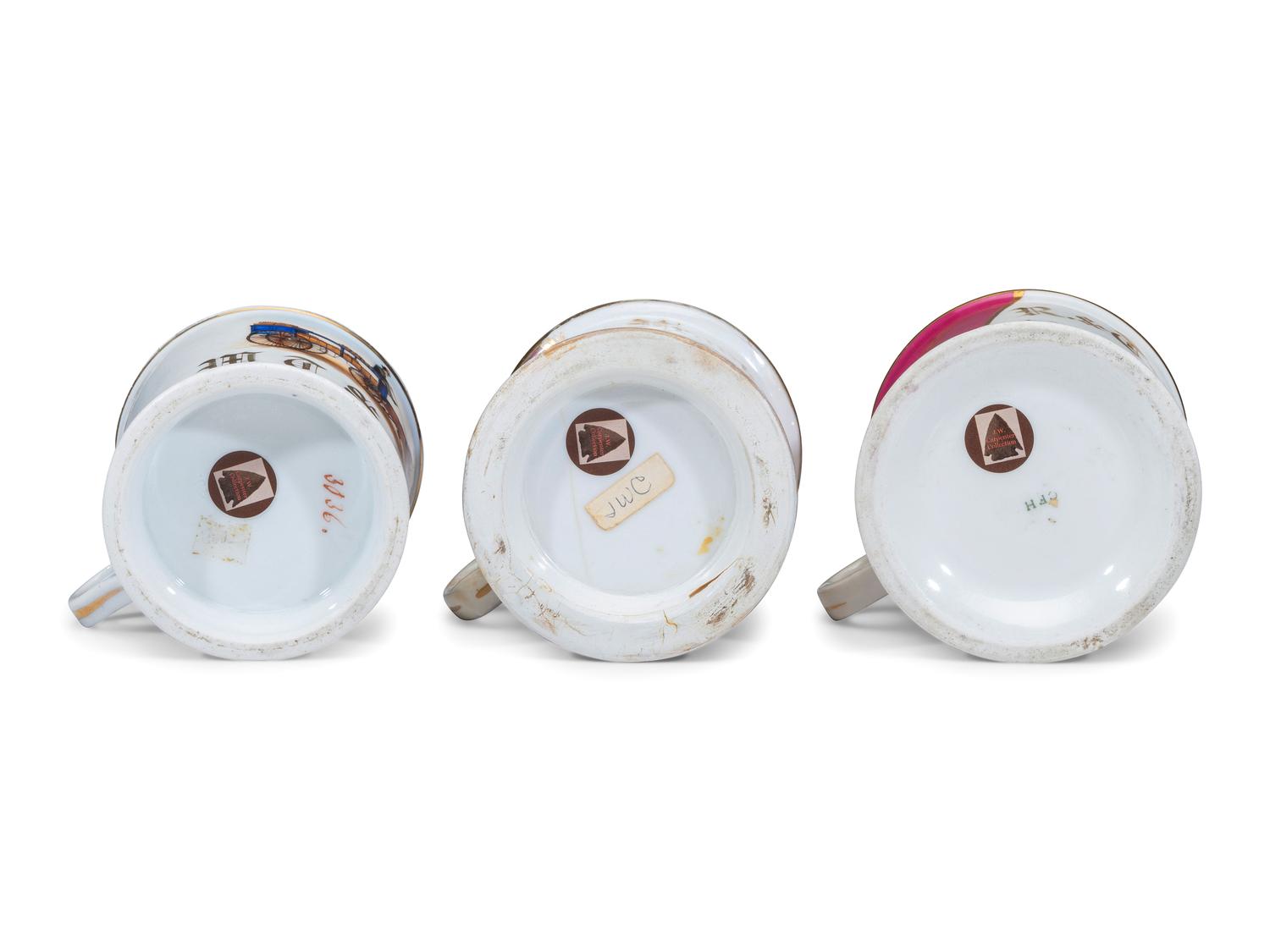 Three Porcelain Occupational Shaving Mugs Depicting Horse-Drawn Delivery Wagons