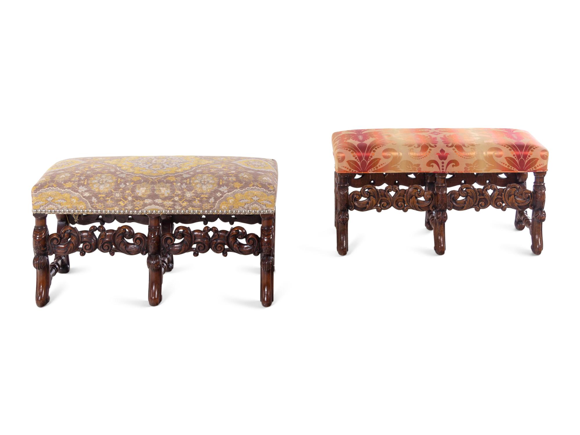 A Pair of William and Mary Style Carved Walnut Benches