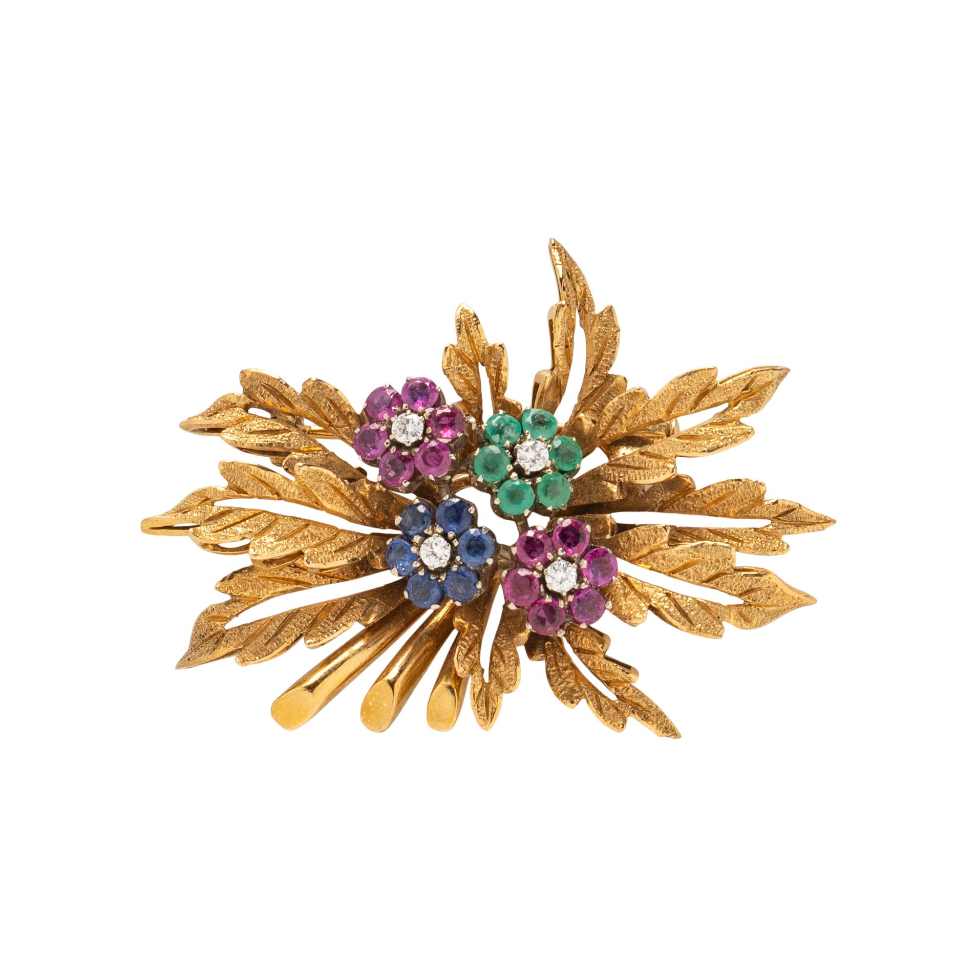 YELLOW GOLD AND MULTIGEM FLORAL SPRAY BROOCH