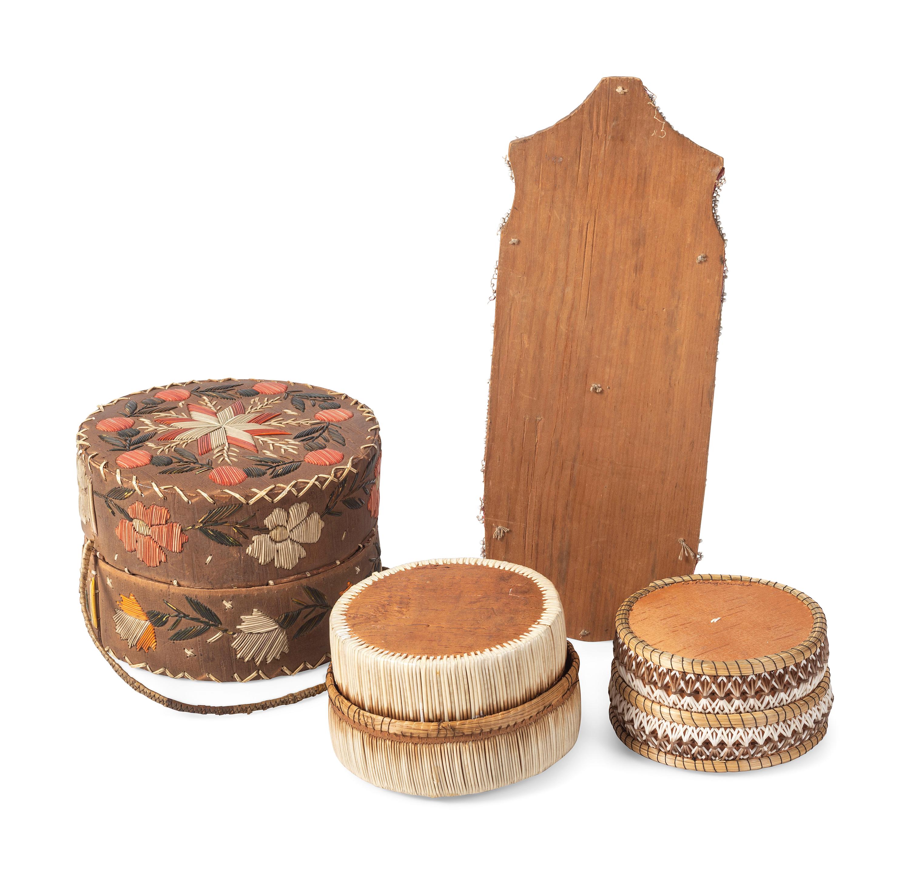 Great Lakes Quilled Birchbark Baskets and Wall Pocket