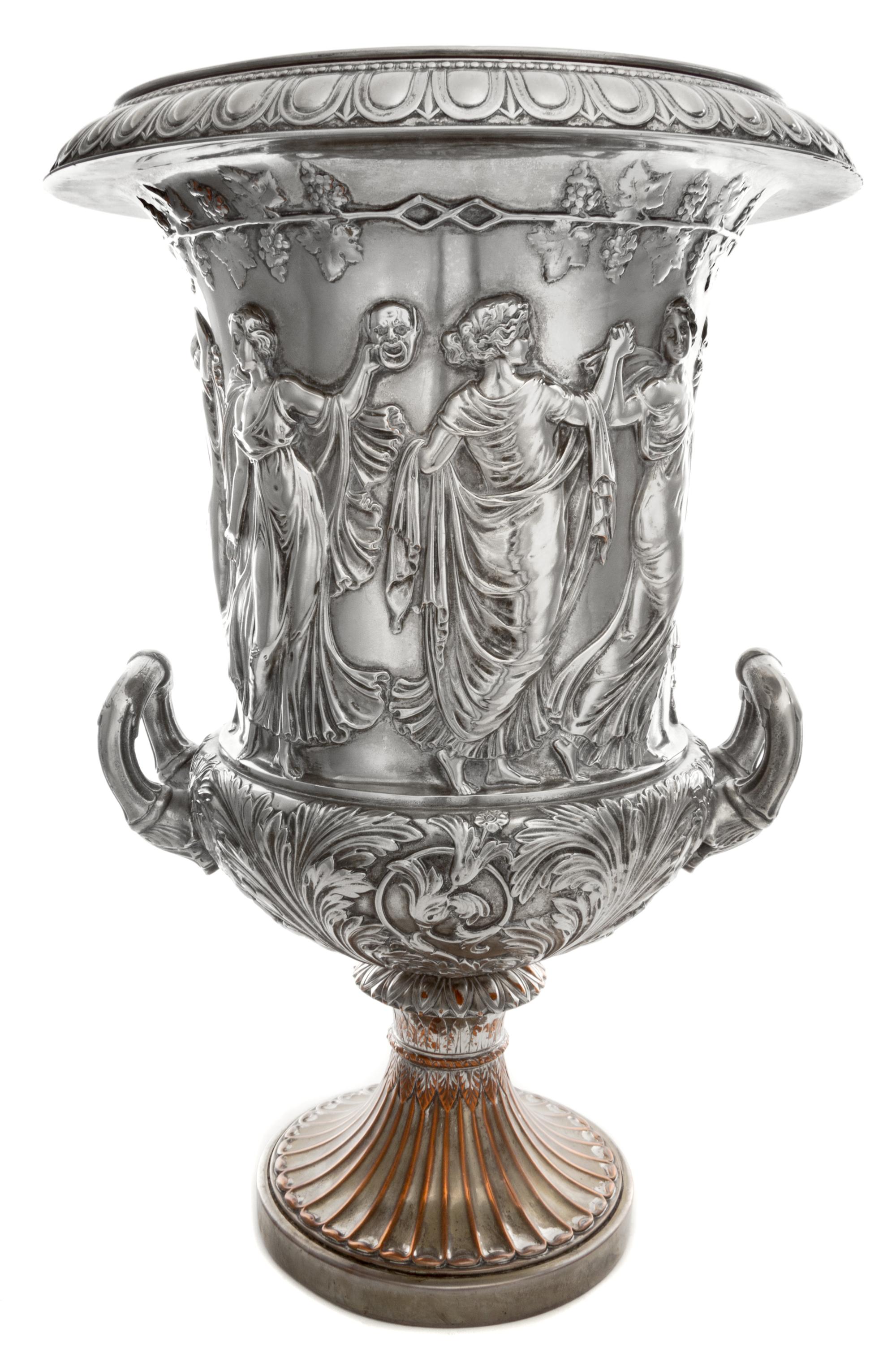 A Neoclassical Silver-Plate Urn Height 19 1/2 inches.