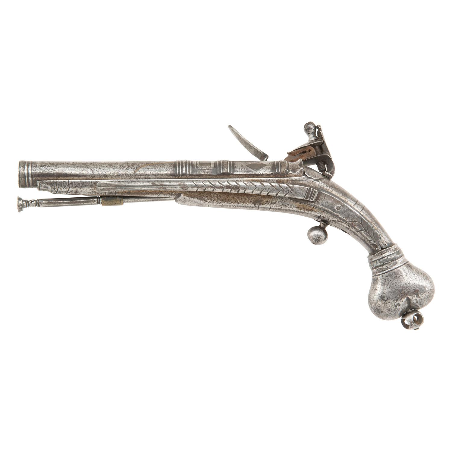 Scottish Steel Heart Butt Flintlock Pistol marked I M