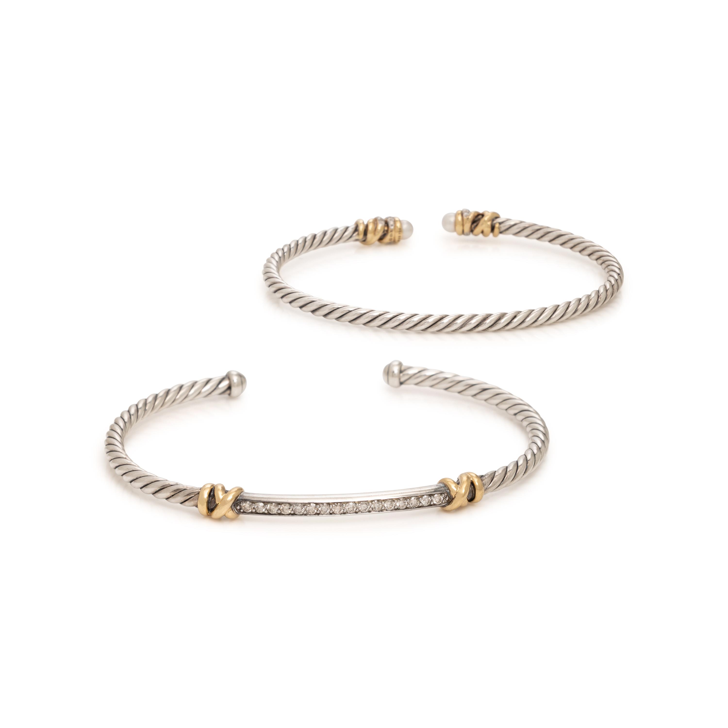 David Yurman, 'Petite Helena', Two Sterling Silver, Yellow Gold, and Diamond Cable Cuff Bracelets