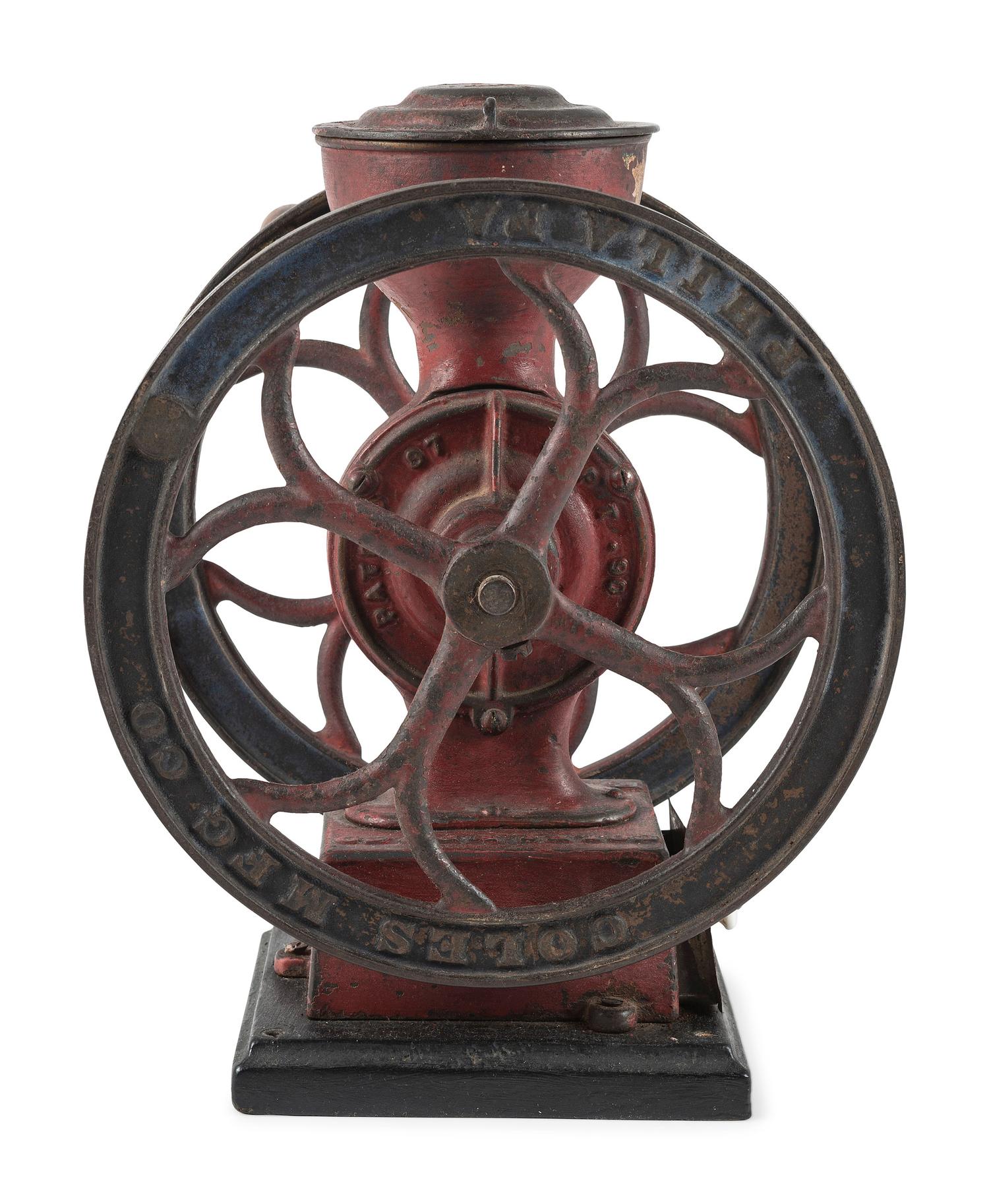A Coles Manufacturing Cast Iron Double-Wheeled Coffee Grinder
