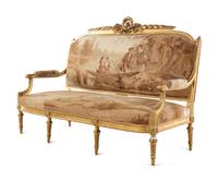 A Louis XVI Style Giltwood Seven-Piece Seating Suite with Aubusson Tapestry Upholstery