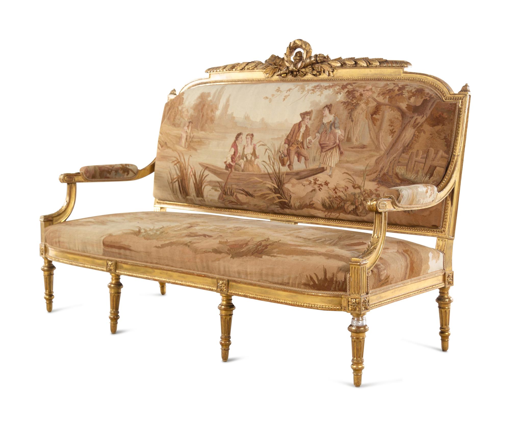 A Louis XVI Style Giltwood Seven-Piece Seating Suite with Aubusson Tapestry Upholstery