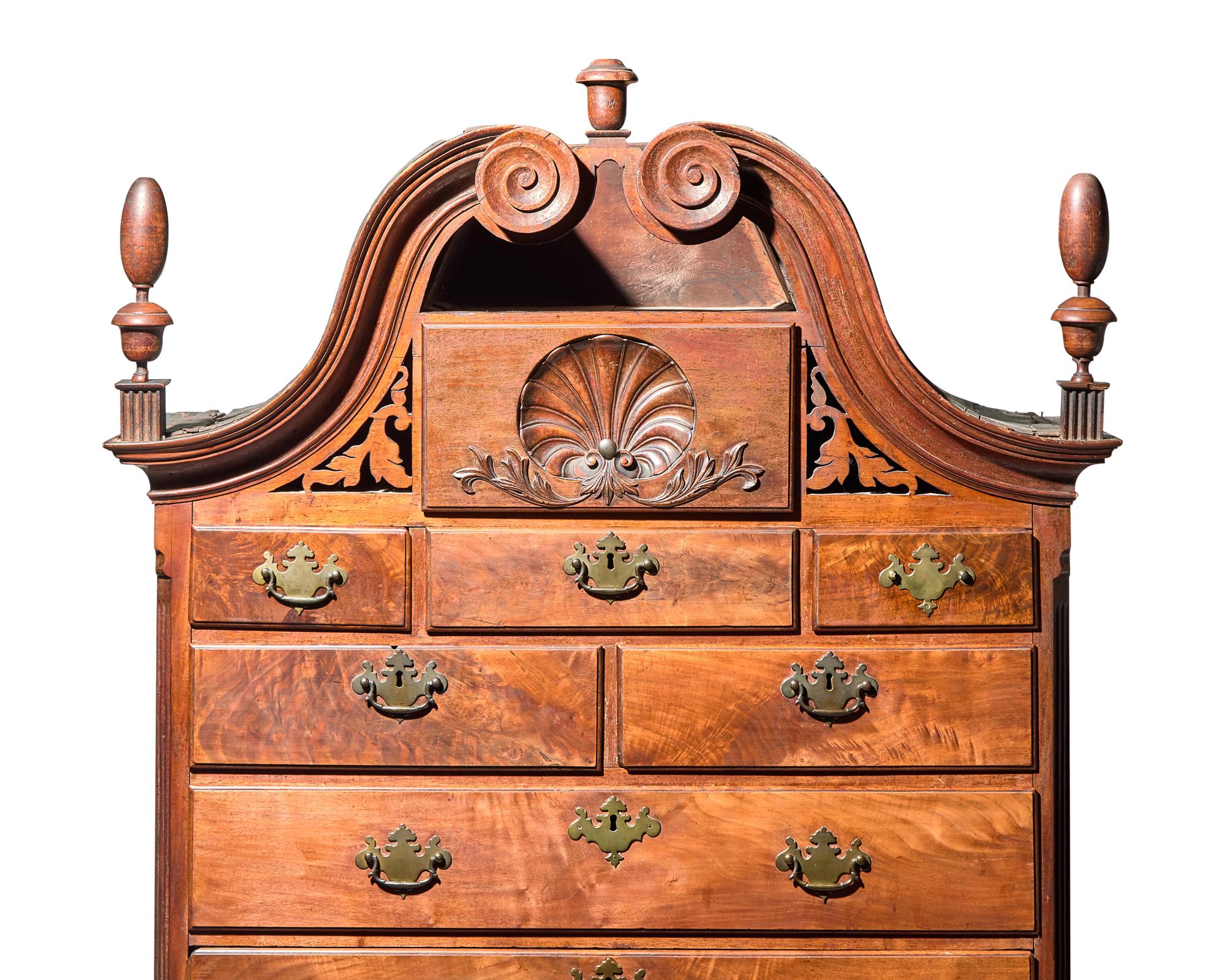 A Rare Chippendale Carved Walnut Chest-on-Chest, Carving Attributed to the Wilkinson-Harding Group, Philadelphia, PA, Circa 1745