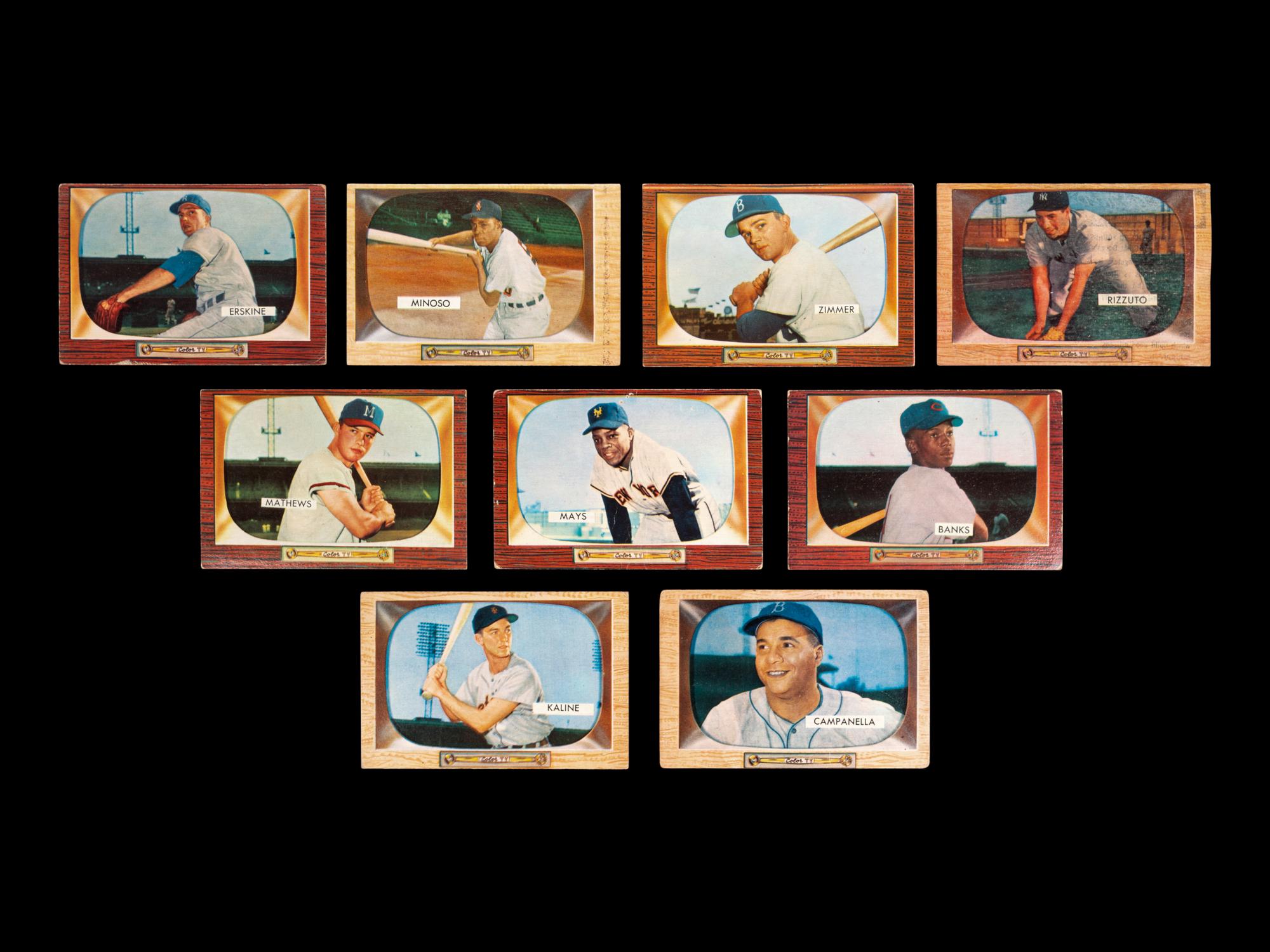 A Group of Nine 1955 Bowman Baseball Cards (Including Willie Mays, Ernie Banks, Eddie Mathews, Roy Campanella, Al Kaline and Phil Rizzuto),