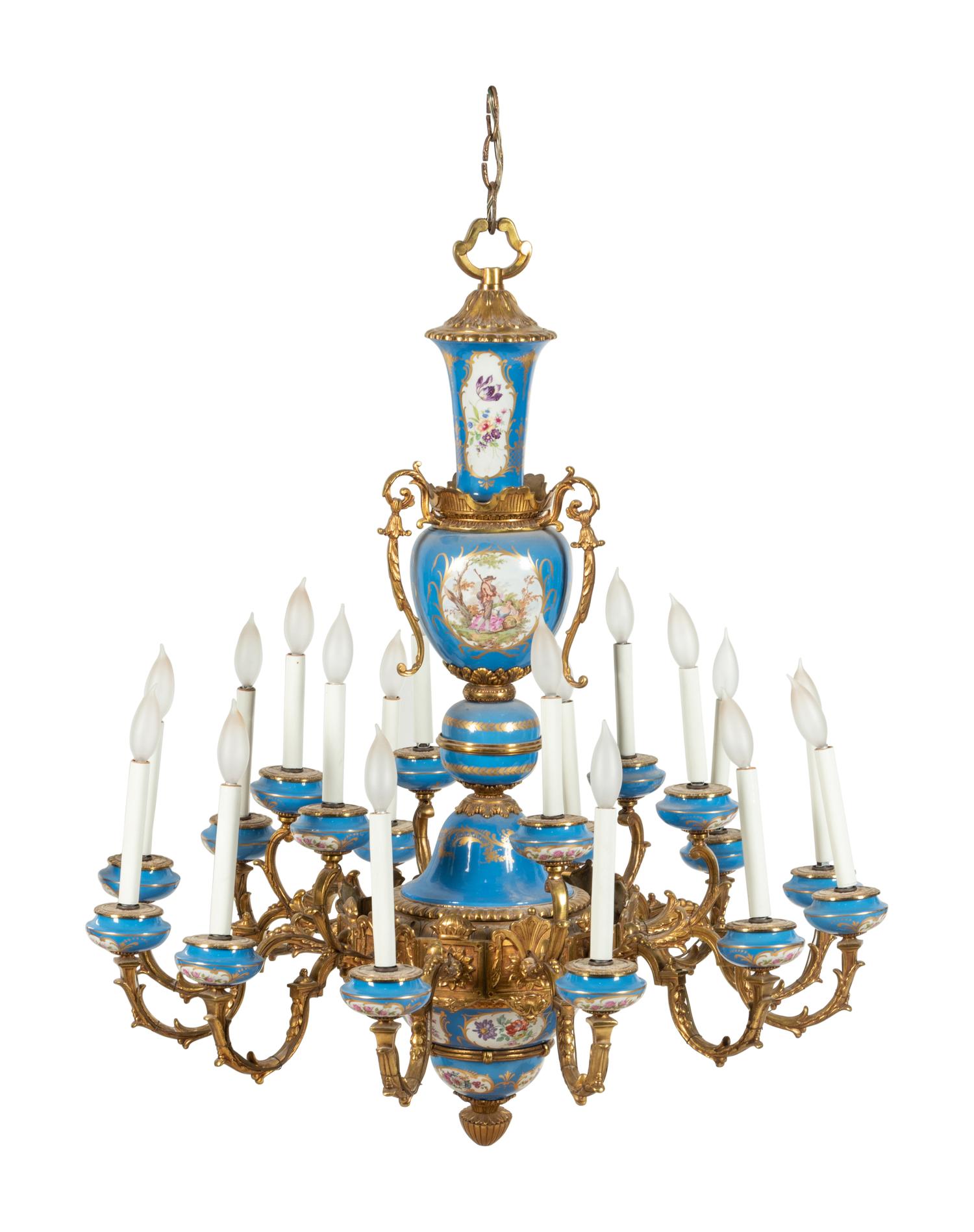 A Sèvres Style Painted Glass and Gilt Metal Mounted Eighteen-Light Chandelier